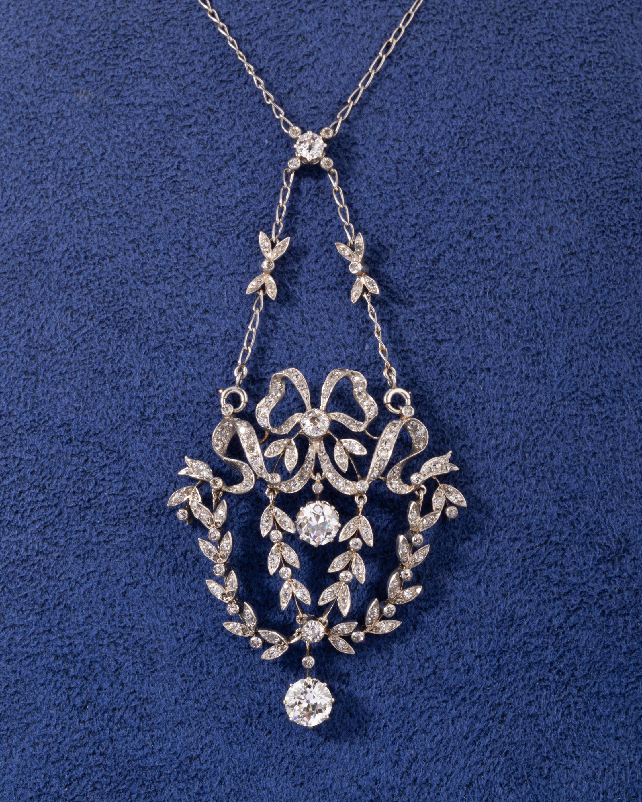 Platinum and 3 Carats Diamonds French Belle Epoque Pendant Necklace For Sale 4