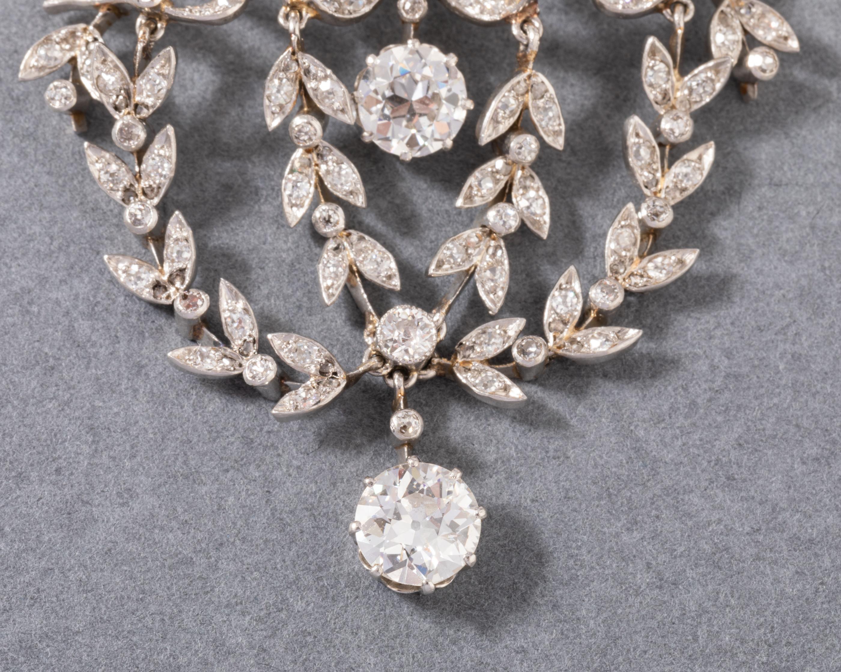 Old European Cut Platinum and 3 Carats Diamonds French Belle Epoque Pendant Necklace For Sale