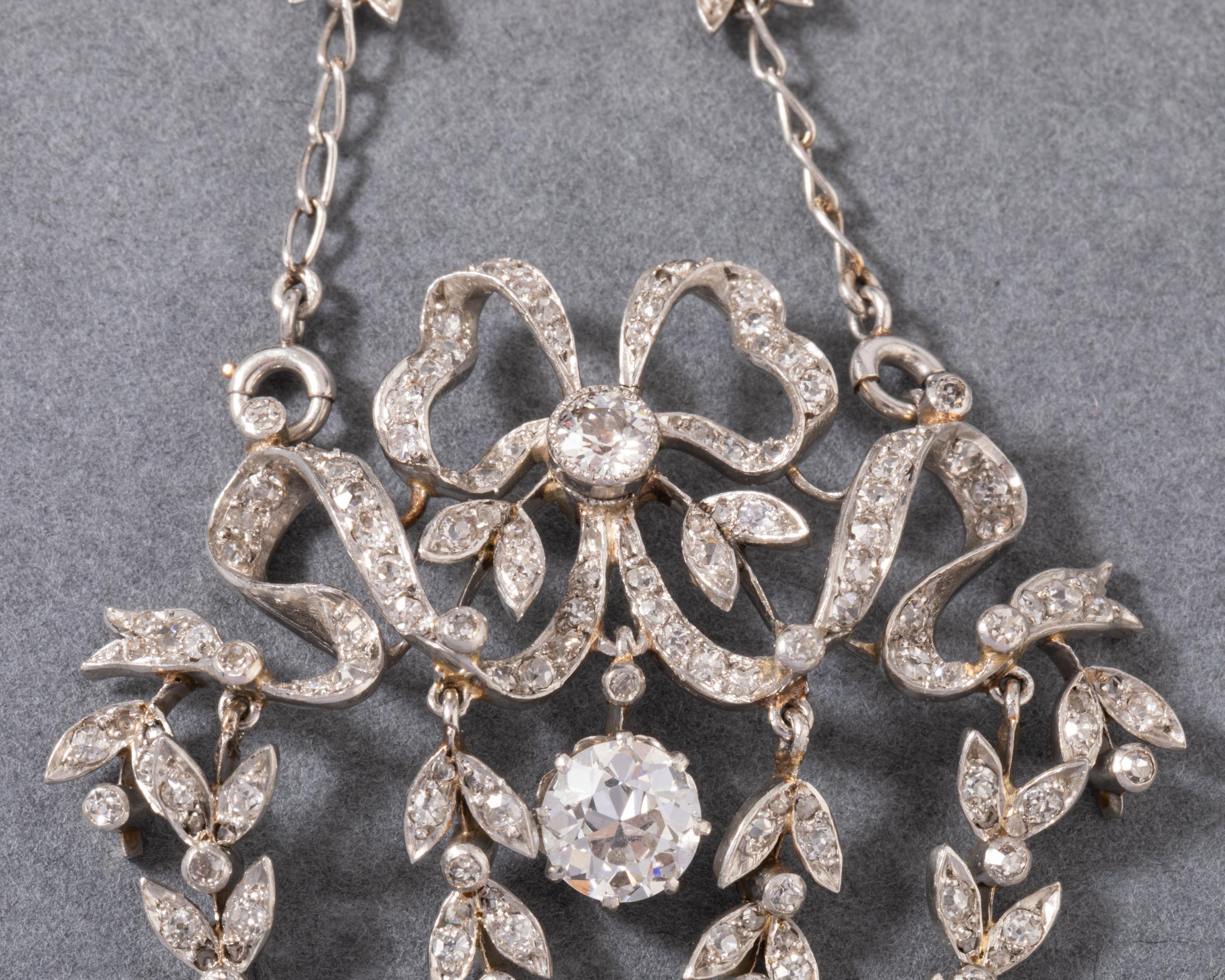 Platinum and 3 Carats Diamonds French Belle Epoque Pendant Necklace In Good Condition For Sale In Saint-Ouen, FR