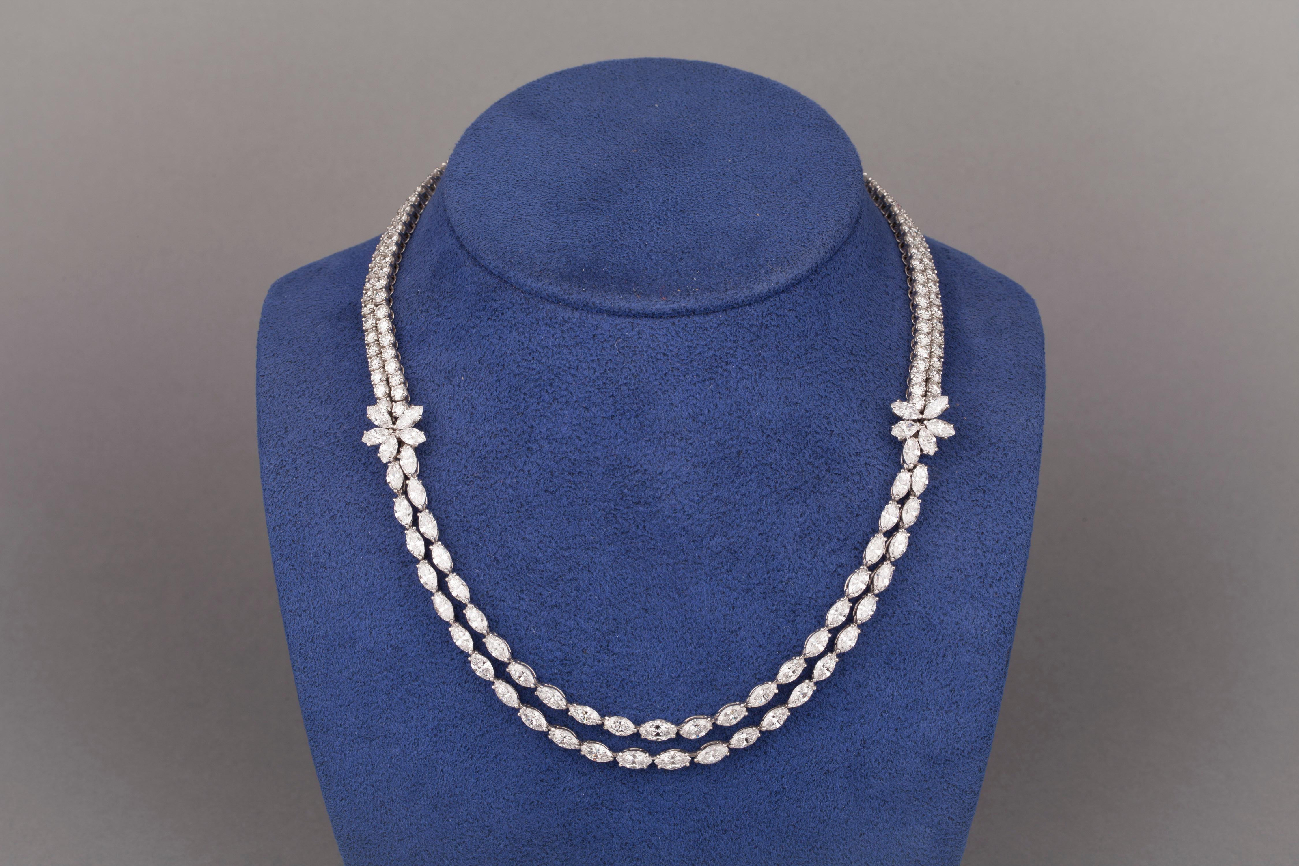 Platinum  and 30 Carats Diamonds French Necklace

Wonderful necklace, made in France circa 1960.  The craft is quality. 
The necklace is heavy: 75.30 grams. 
The diamonds weights 30 carats estimate. 
146* 0.11: (16.06) + 56 * 0.25 : (14) = 30.06