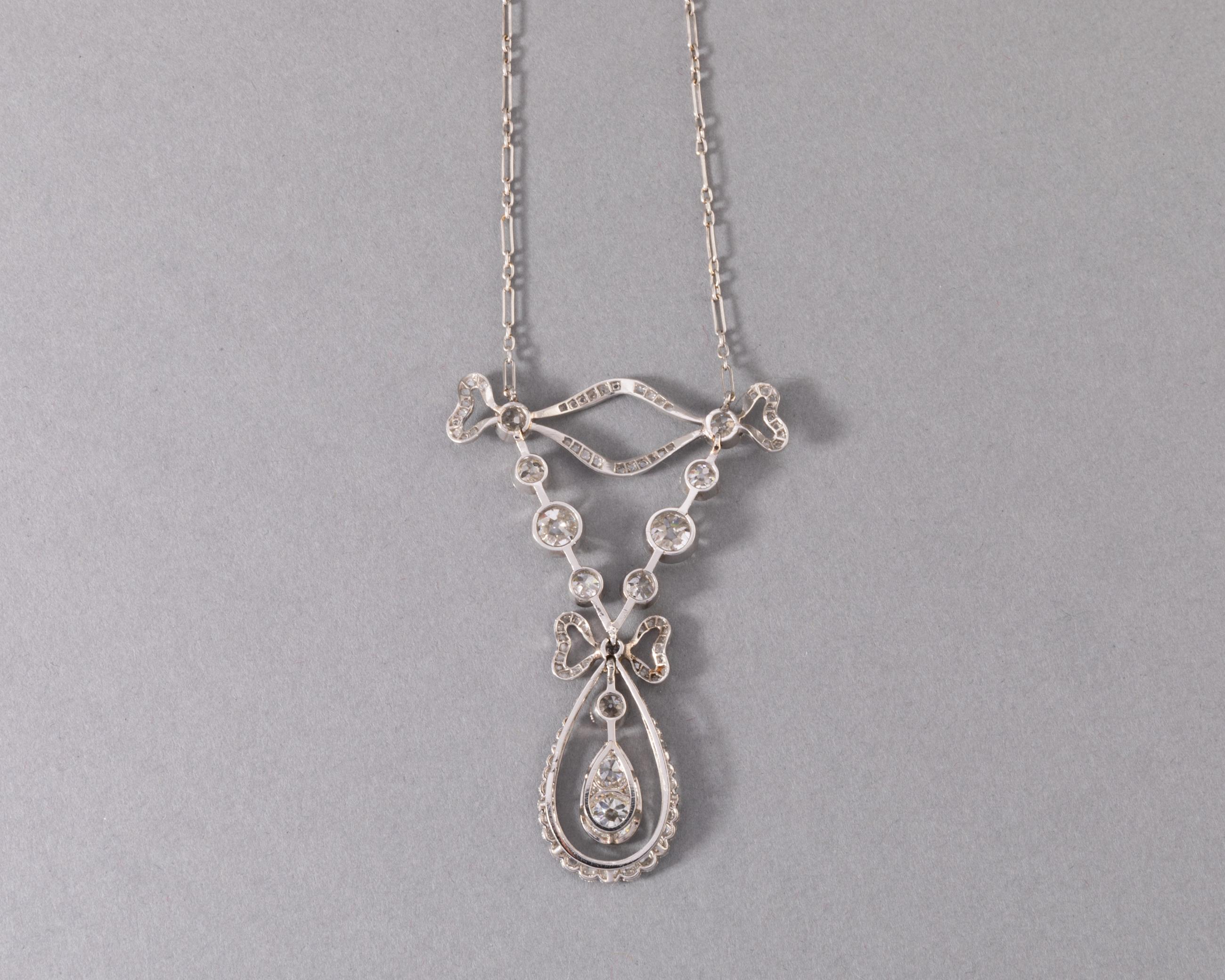 Old European Cut Platinum and 3.20 Carats Diamonds French Belle Epoque Pendant Necklace For Sale
