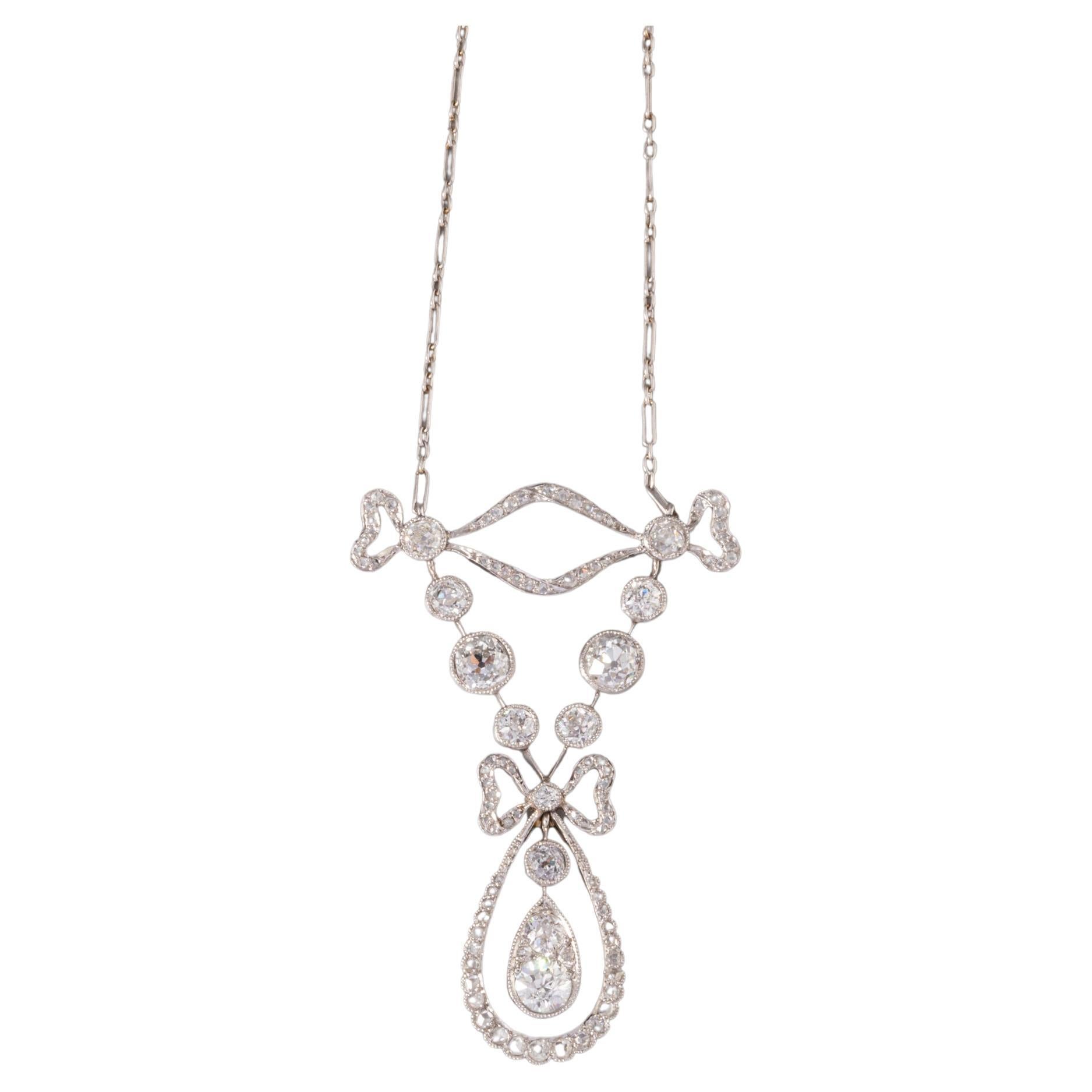 Platinum and 3.20 Carats Diamonds French Belle Epoque Pendant Necklace For Sale