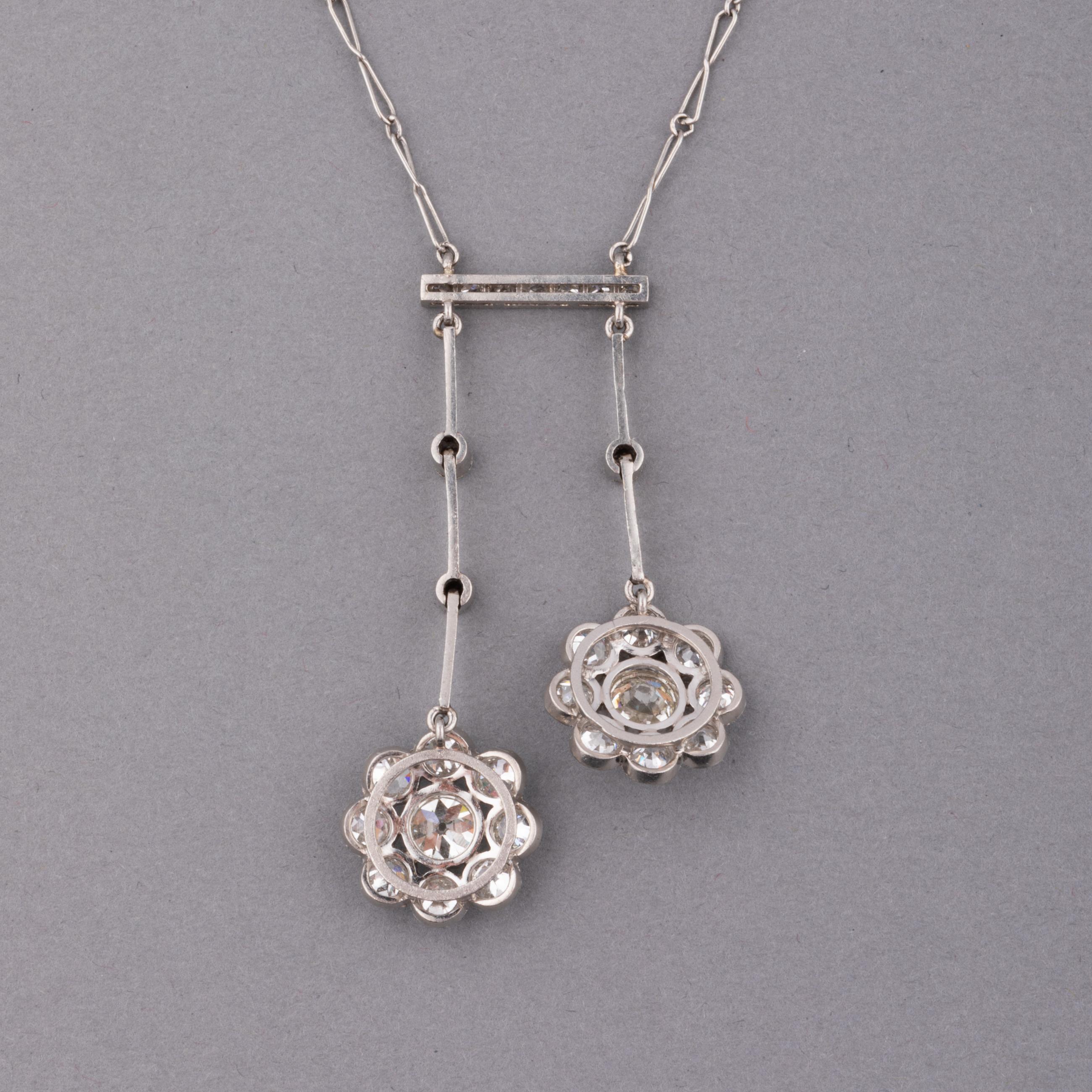 Round Cut Platinum and 3.40 Carats Diamonds French Antique Necklace For Sale