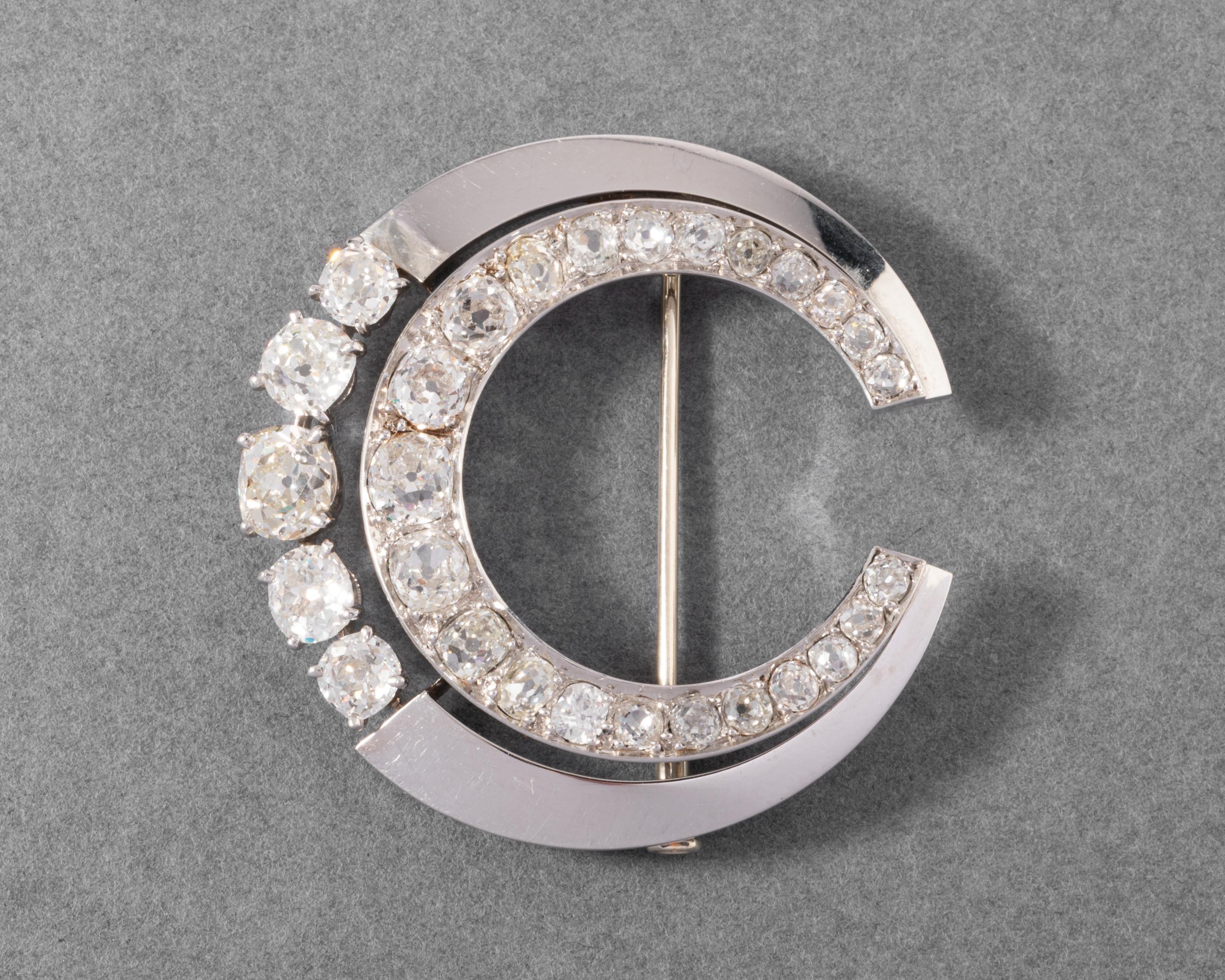 Old European Cut Platinum and 5.50 Carats Diamonds French Art Deco Crescent Brooch For Sale