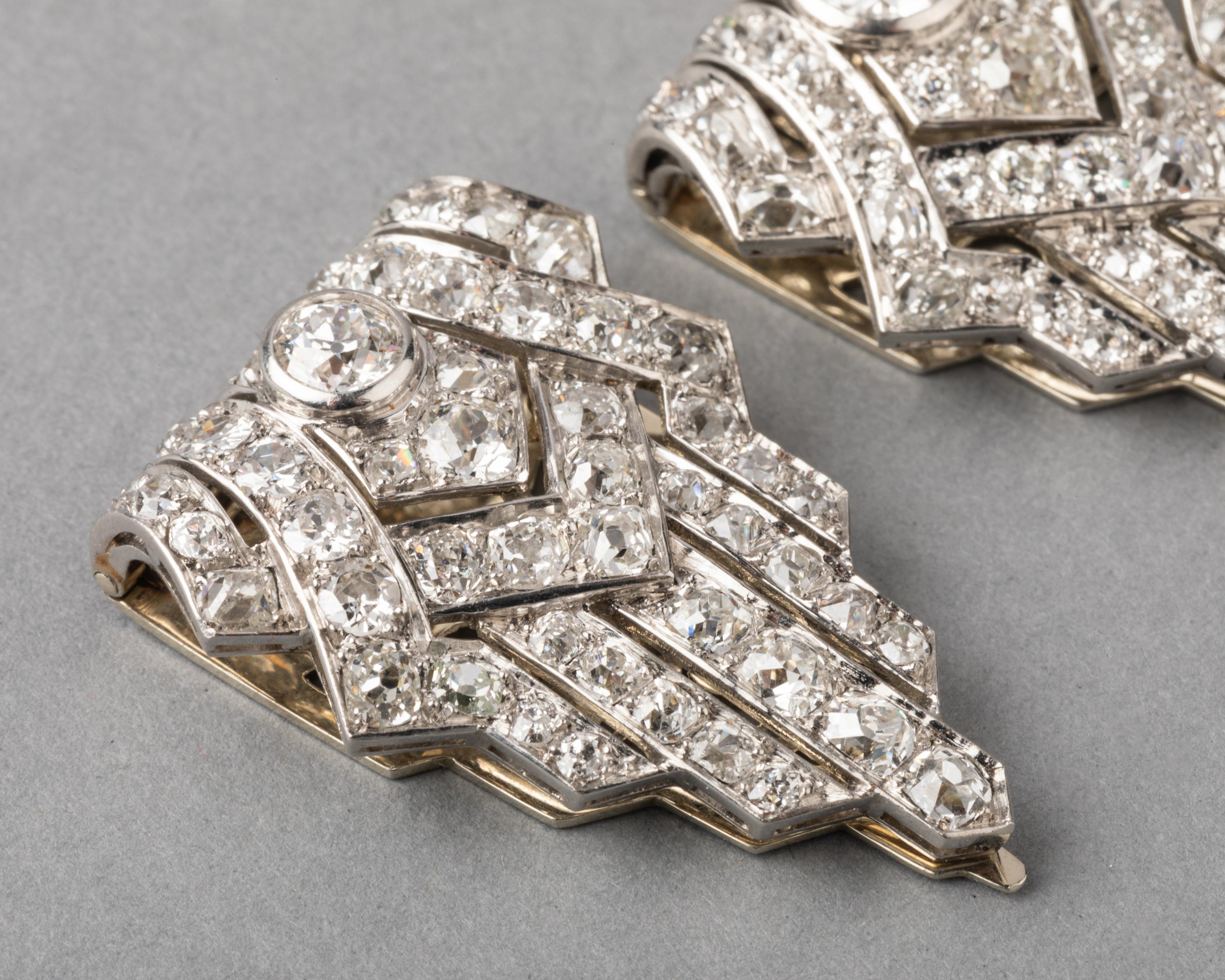 Old European Cut Platinum and 6 Carat Diamonds French Art Deco Clips Brooches