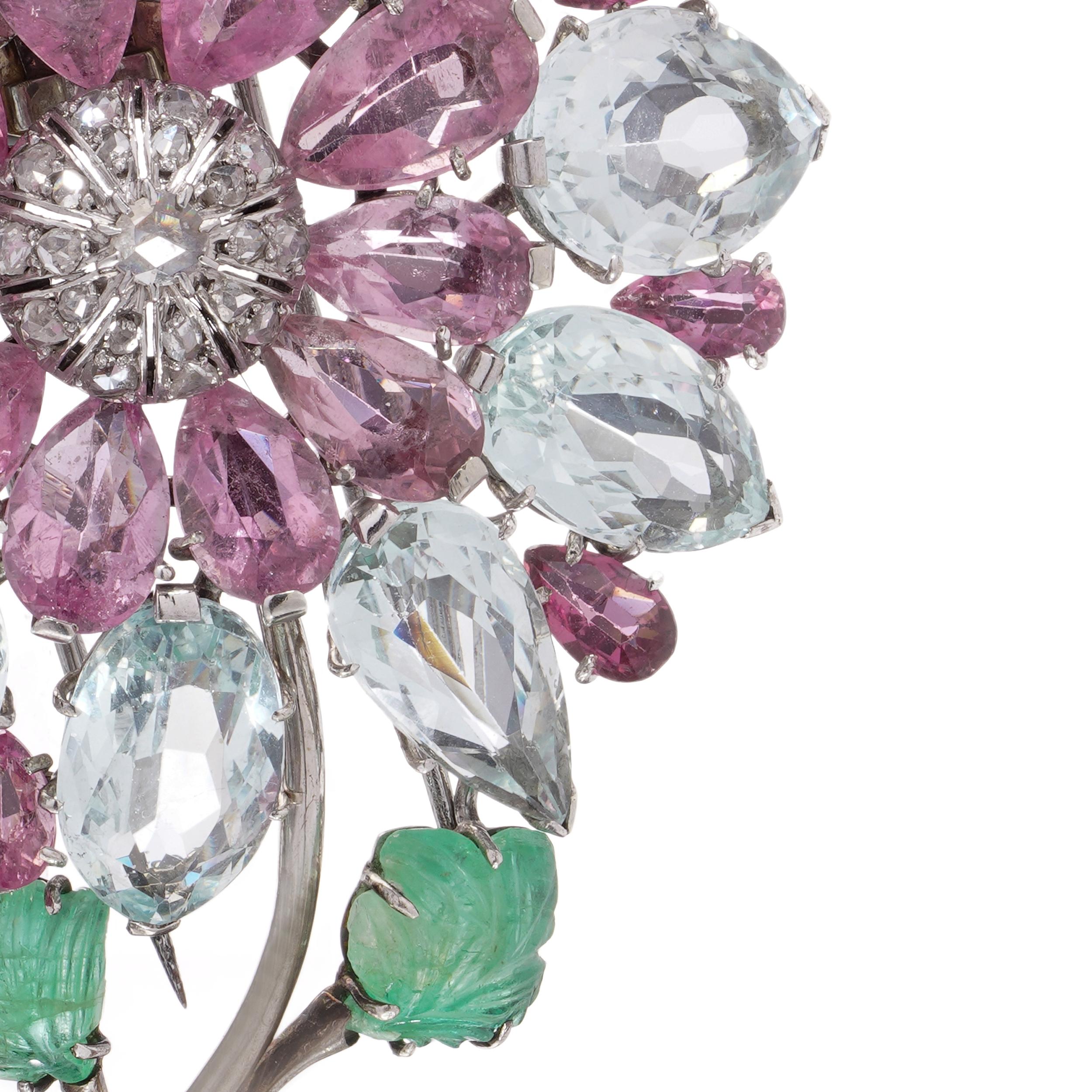 Donna Spilla floreale in platino e oro 9kt con pietre preziose multicolore in vendita