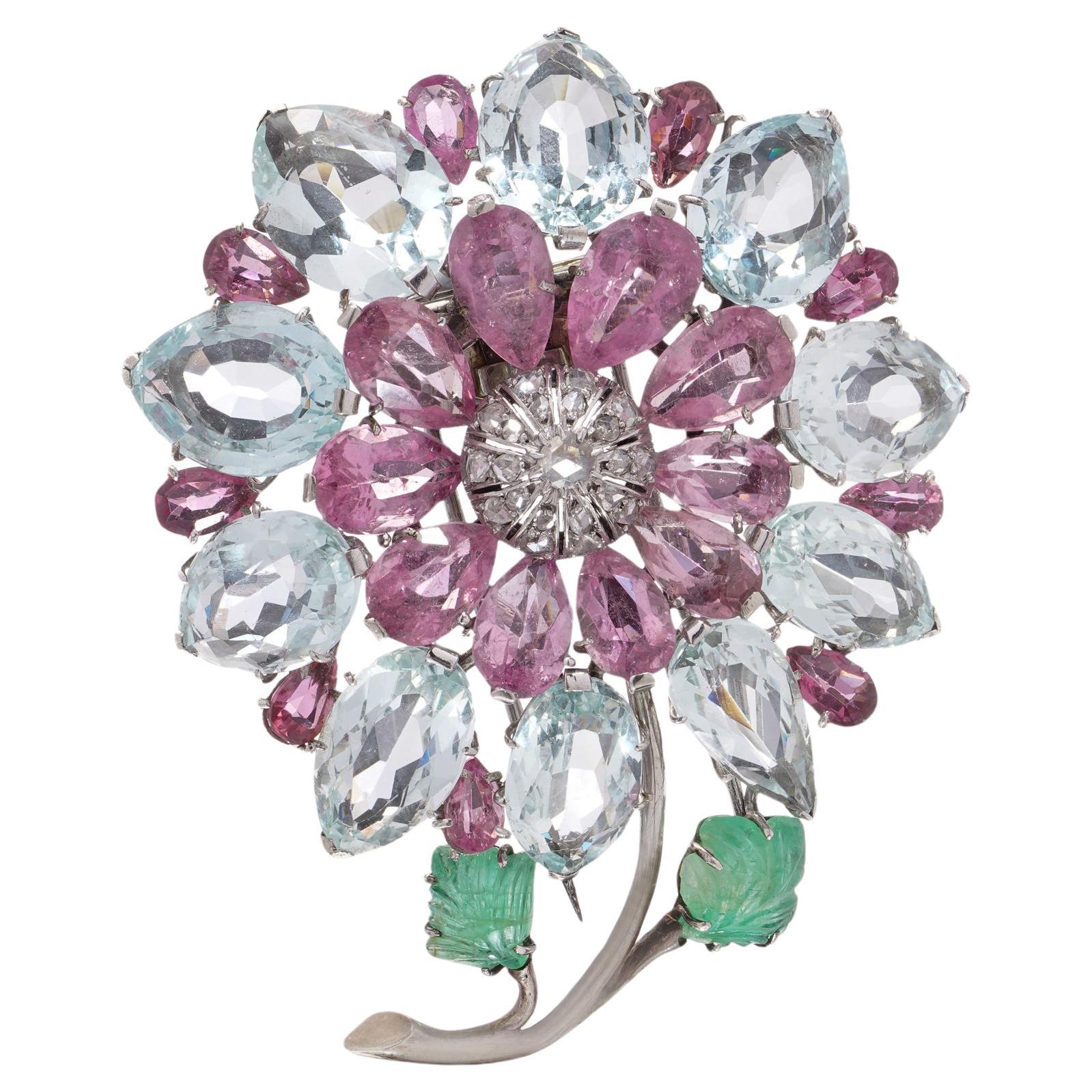 Platinum and 9kt Gold Floral Brooch with multi - colour gemstones