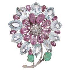 Platinum and 9kt Gold Floral Brooch with multi - colour gemstones