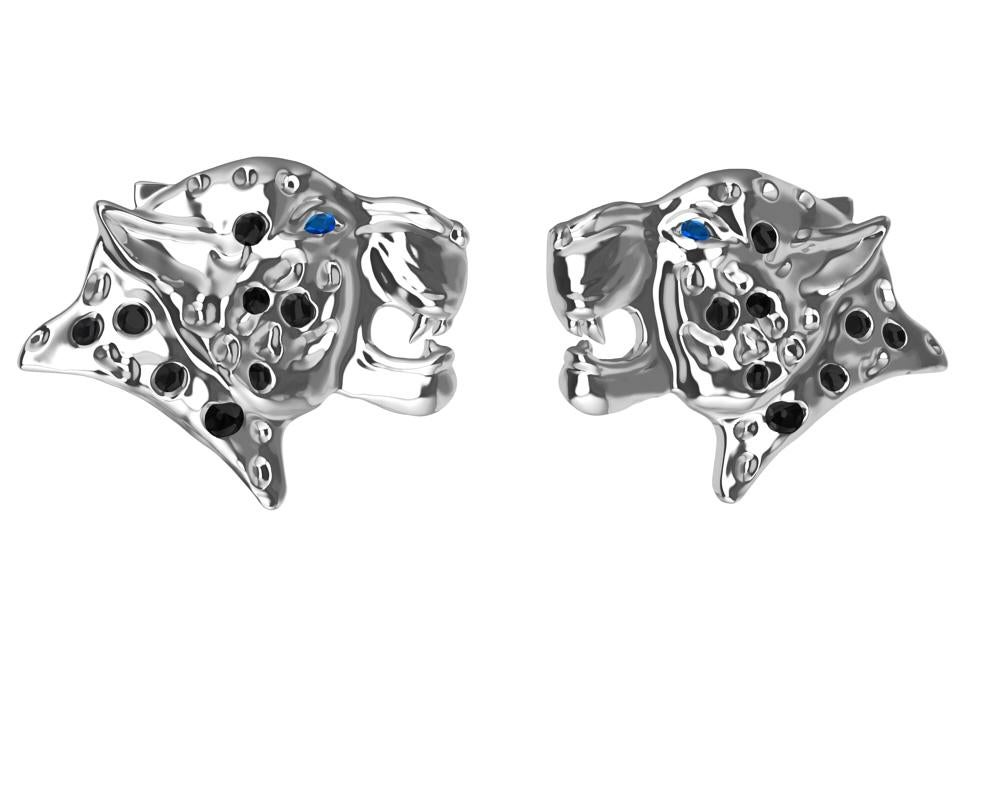 Contemporary Platinum and Black Diamonds Leopard Stud Earrings For Sale