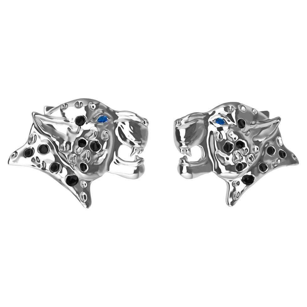 Platinum and Black Diamonds Leopard Stud Earrings For Sale