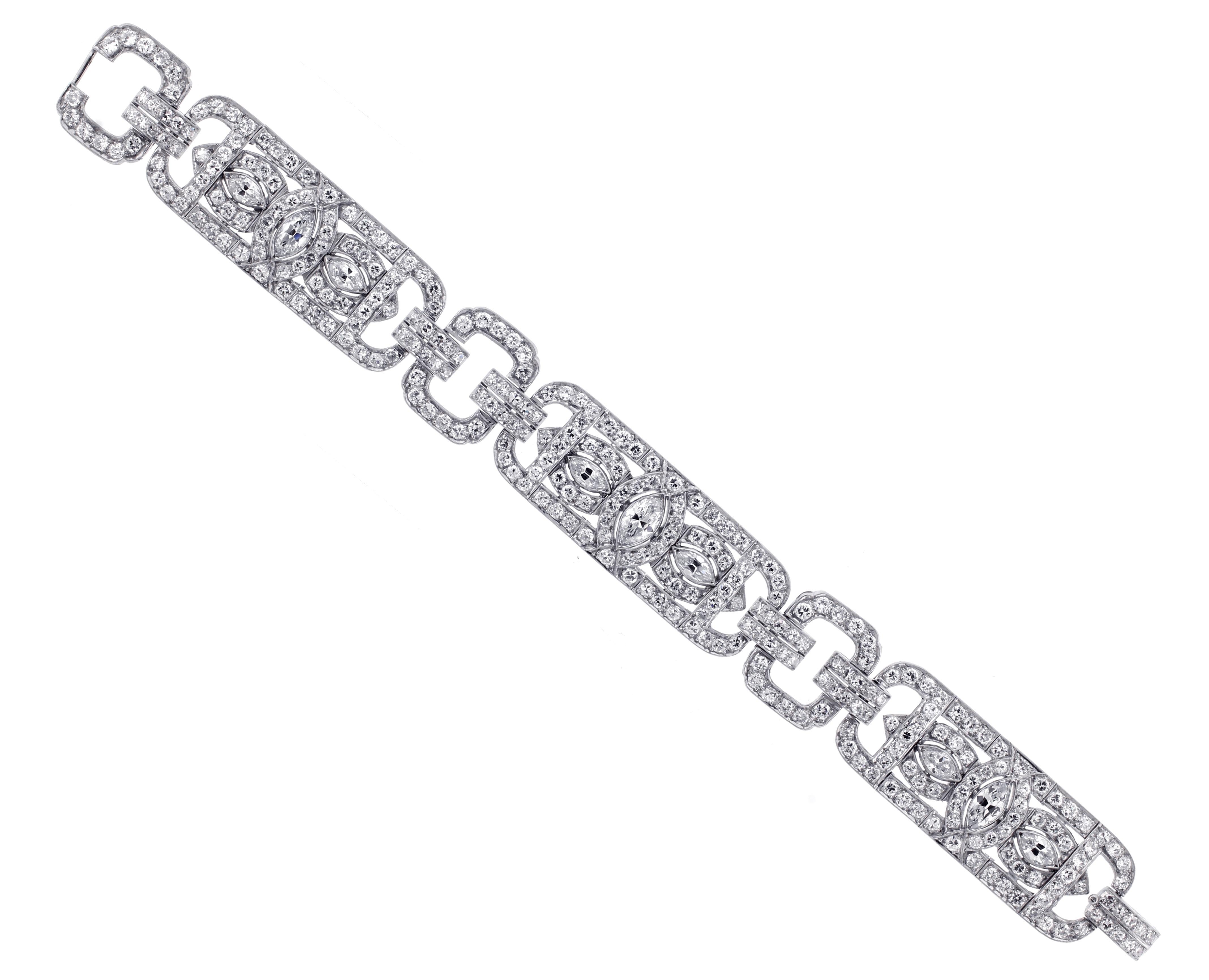 This 1930s diamond bracelet exemplifies the geometry of Art Deco design and craftsmanship. 11.80 carats total 
♦ Metal:Platinum
♦ 3 Marquise diamonds=2 carats
♦ 6 marquise diamonds=1.30 carats
♦ 286  Round Diamonds=8.50 carats
♦ Size 17mm wide 7 1/8