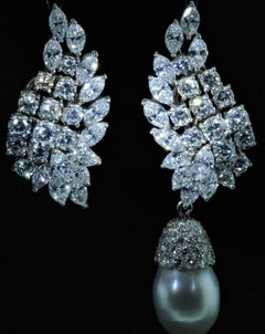 Platinum and Diamond Dangling Pearl Drop Earrings, Day and Night Earrings