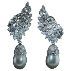 Platinum and Diamond Dangling Pearl Drop Earrings, Day and Night Earrings