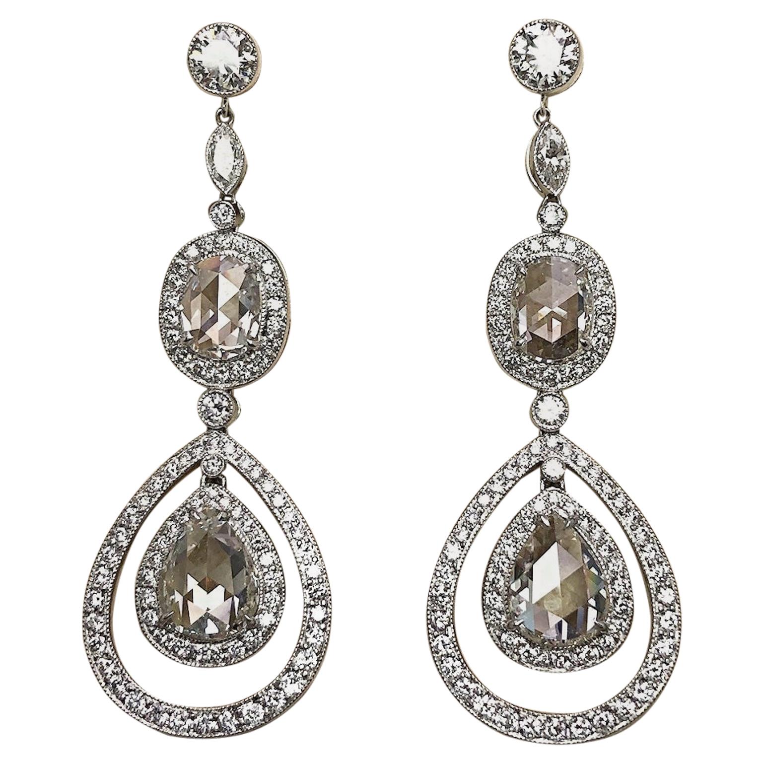 Platinum and Diamond Drop Earrings with Pear and Oval Rose Cut Diamonds For Sale
