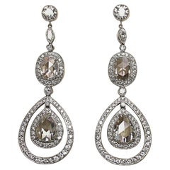 Platinum and Diamond Drop Earrings with Pear and Oval Rose Cut Diamonds