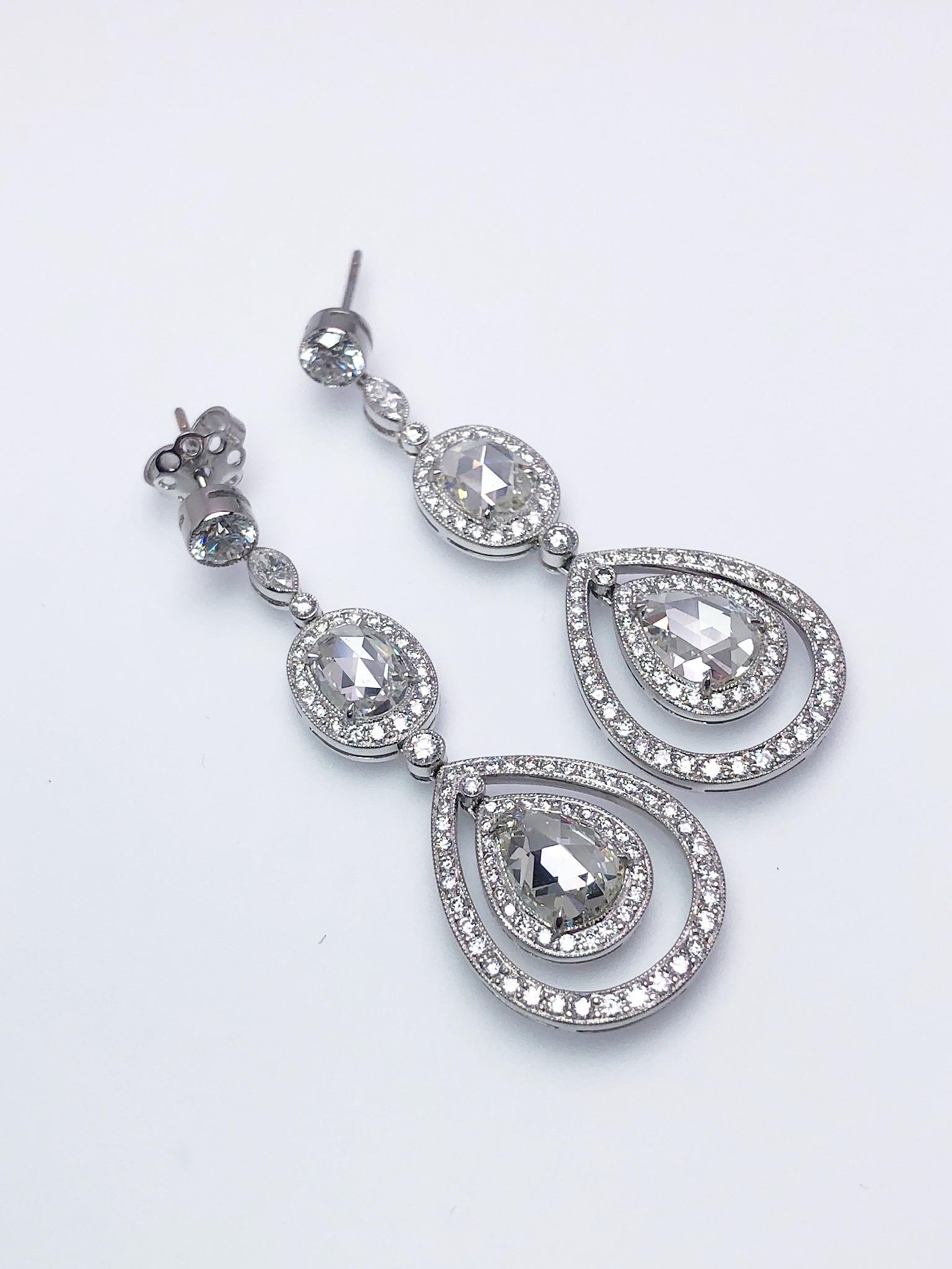 Victorian Platinum and Diamond Drop Earrings with Pear and Oval Rose Cut Diamonds For Sale
