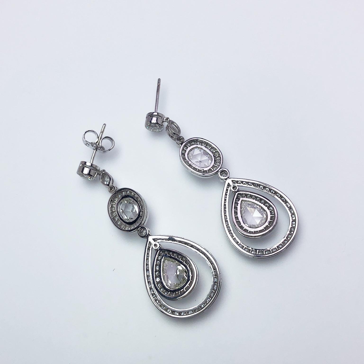 Pear Cut Platinum and Diamond Drop Earrings with Pear and Oval Rose Cut Diamonds For Sale