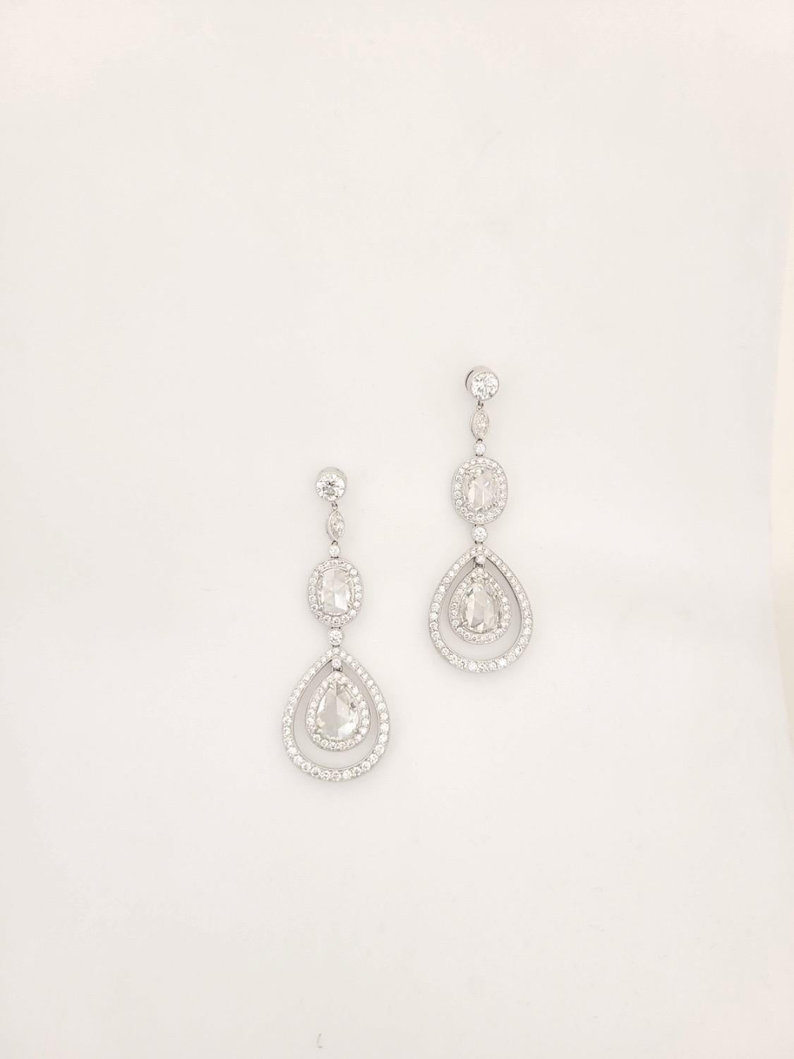 Platinum and Diamond Drop Earrings with Pear and Oval Rose Cut Diamonds In New Condition For Sale In New York, NY