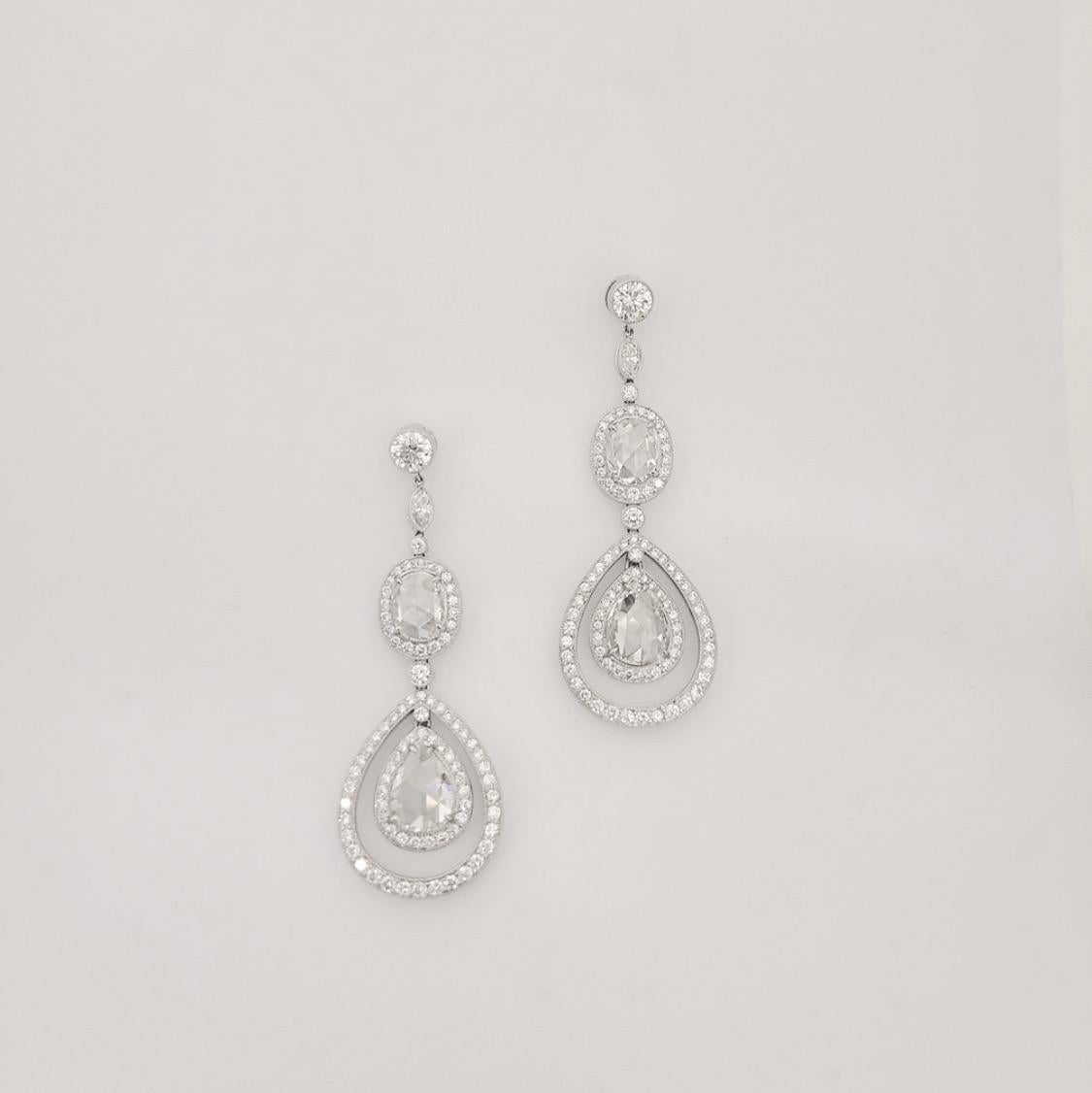 Women's or Men's Platinum and Diamond Drop Earrings with Pear and Oval Rose Cut Diamonds For Sale