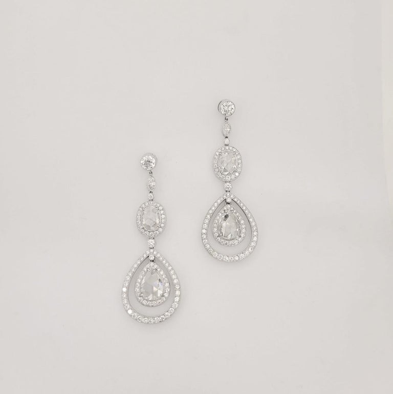 Platinum and Diamond Drop Earrings with Pear and Oval Rose Cut Diamonds ...