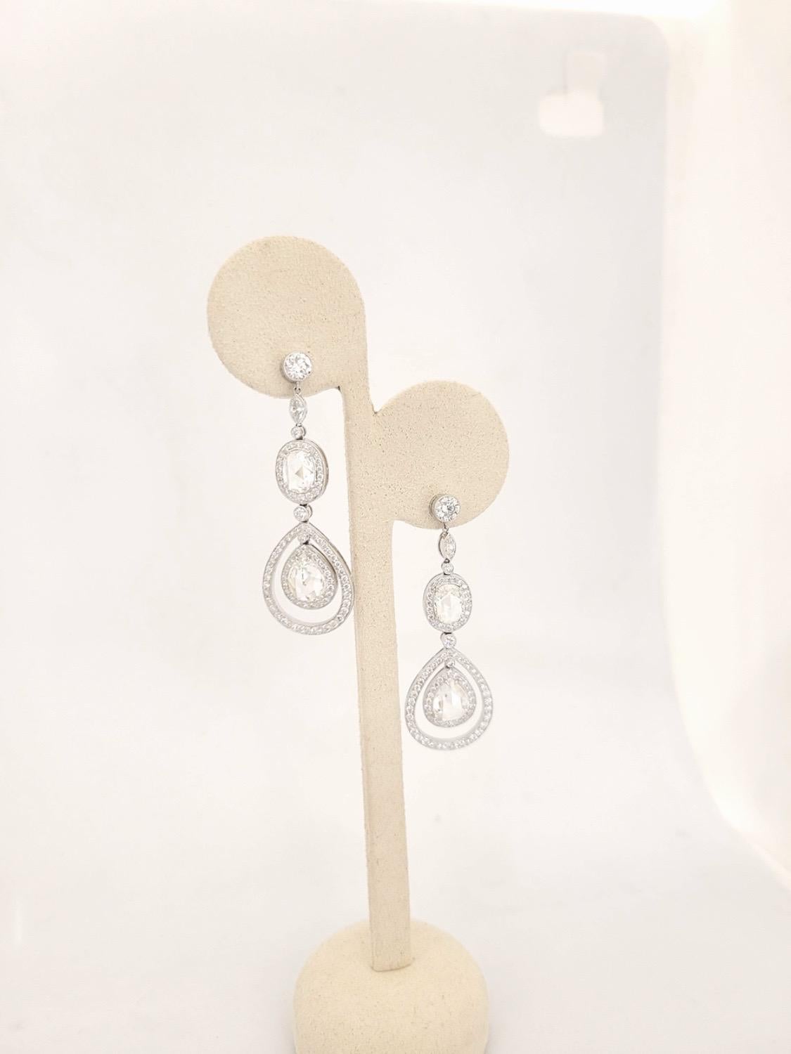 Platinum and Diamond Drop Earrings with Pear and Oval Rose Cut Diamonds For Sale 1