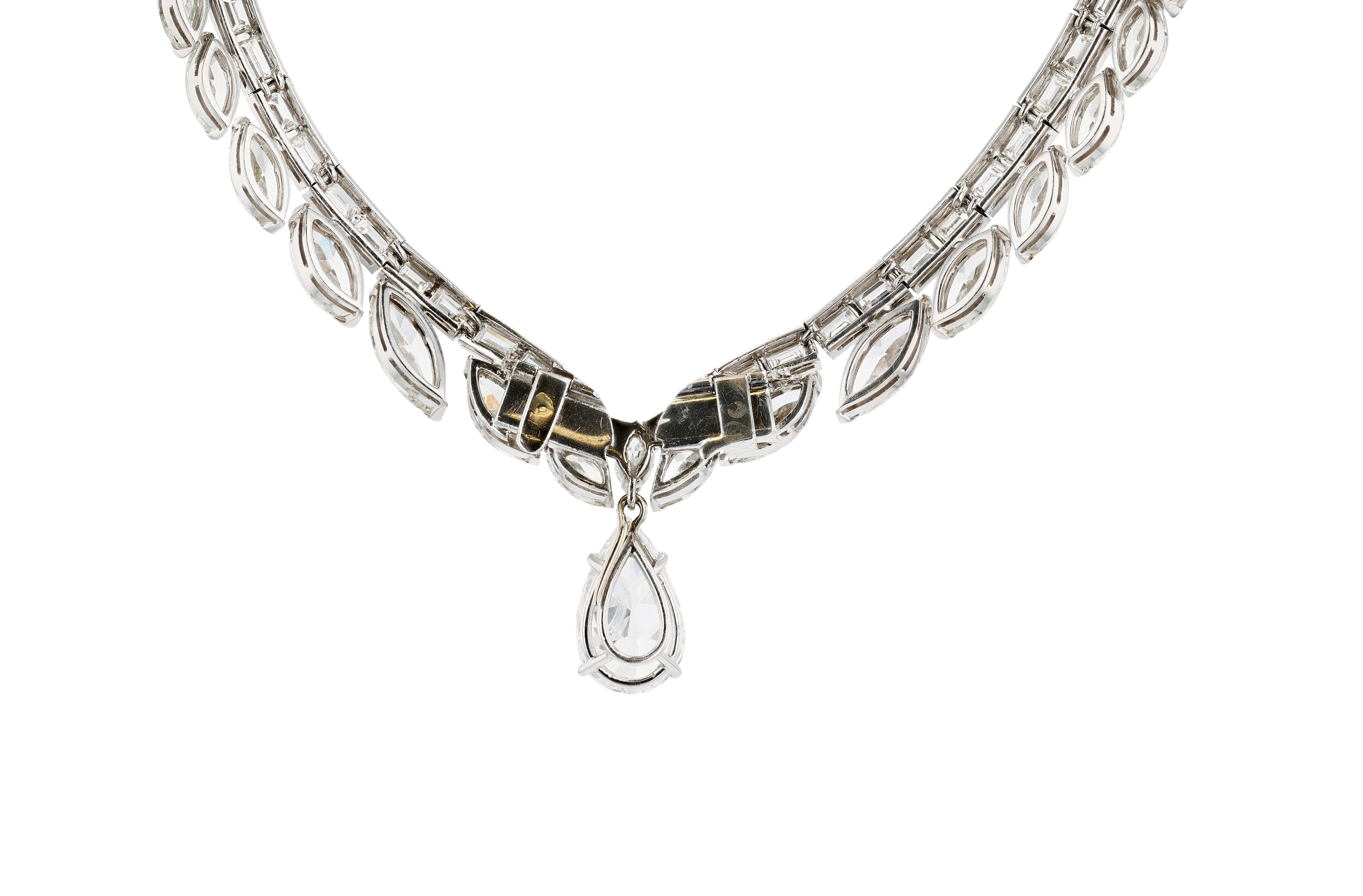 Pear Cut Platinum and Diamond Drop Necklace For Sale