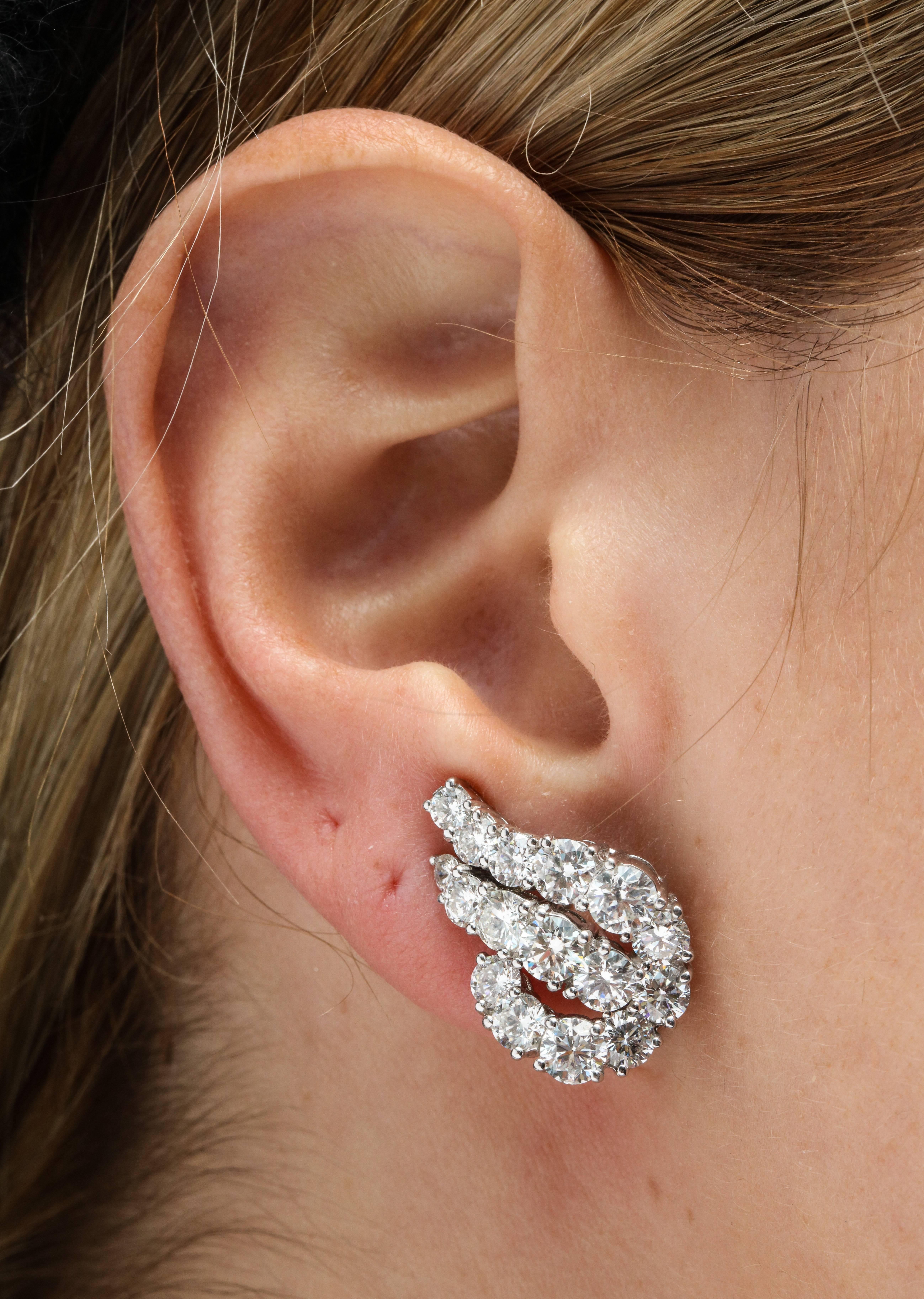 Round Cut Platinum and Diamond Ear-Clip Earrings For Sale