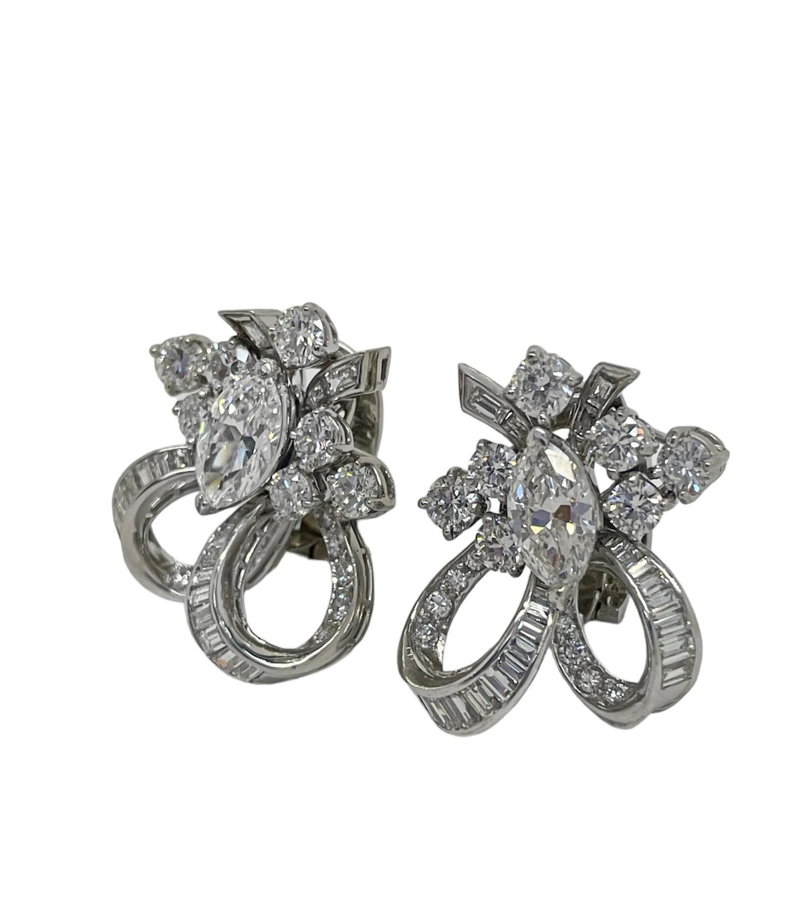 Marquise Cut Platinum and Diamond Earrings For Sale