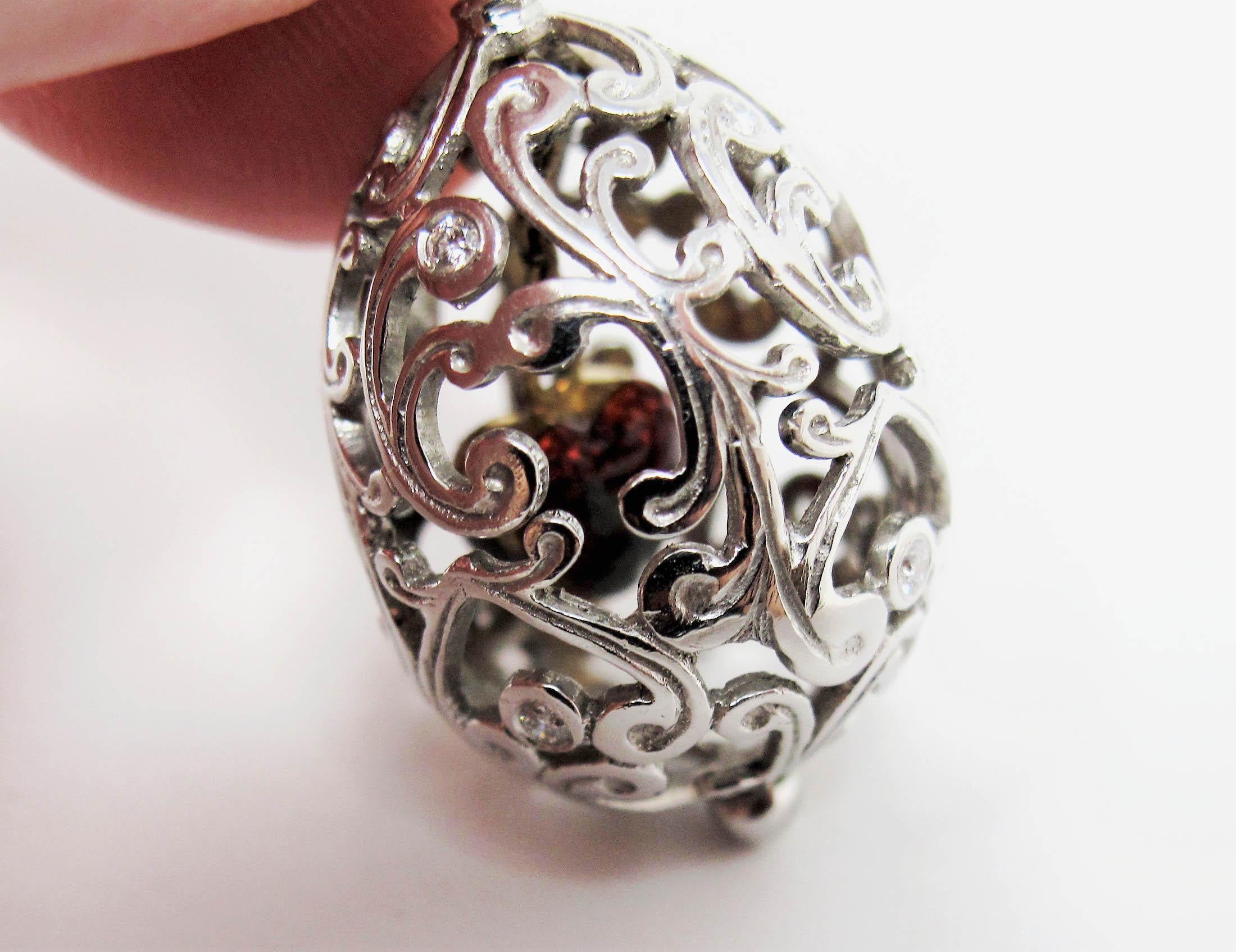 Platinum and Diamond Faberge Open Scroll Detail Egg Pendant Heart Charm Inside 3