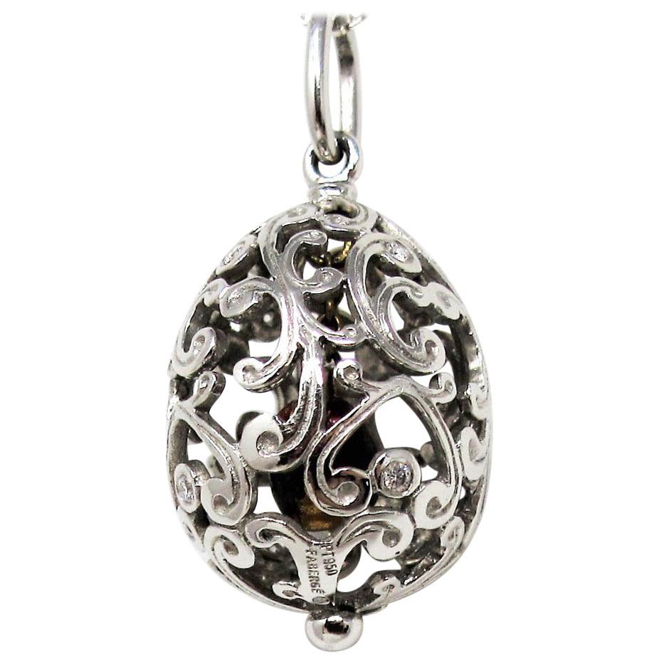 Platinum and Diamond Faberge Open Scroll Detail Egg Pendant Heart Charm Inside