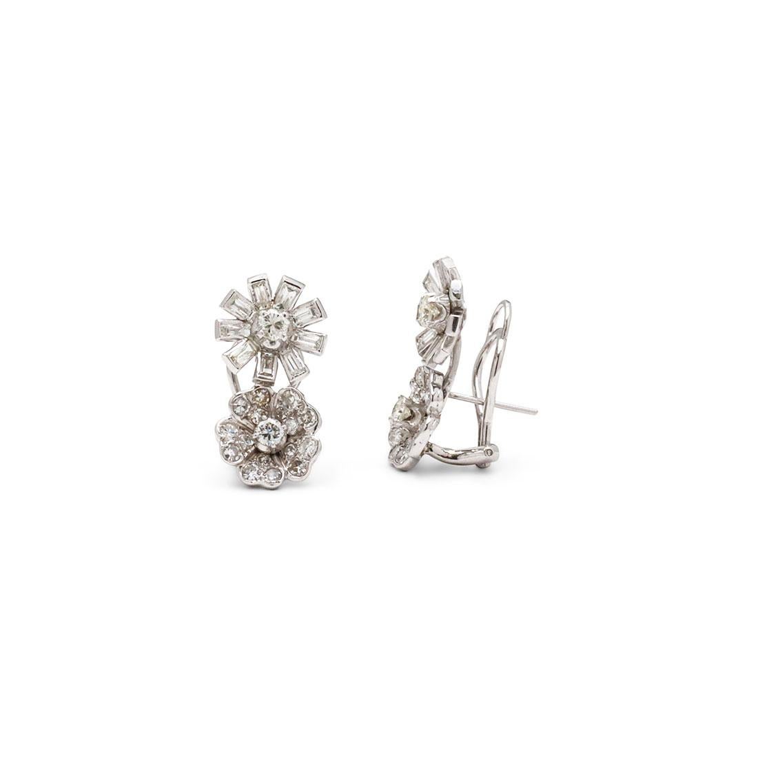 Emerald Cut Platinum and Diamond Floral Stud Earrings