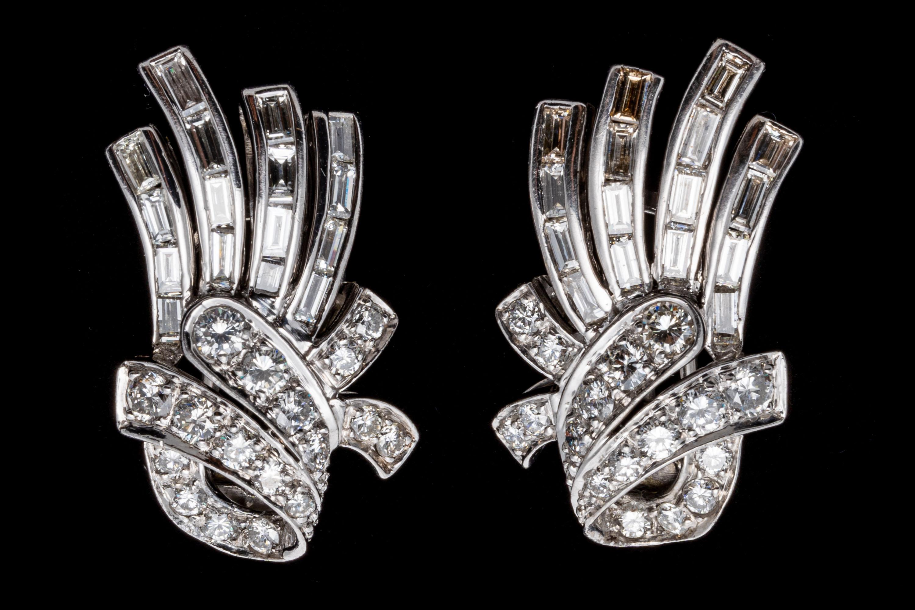 Baguette Cut Platinum Vintage Diamond Fringed Knot Cluster Earrings, App. 1.88 TCW For Sale