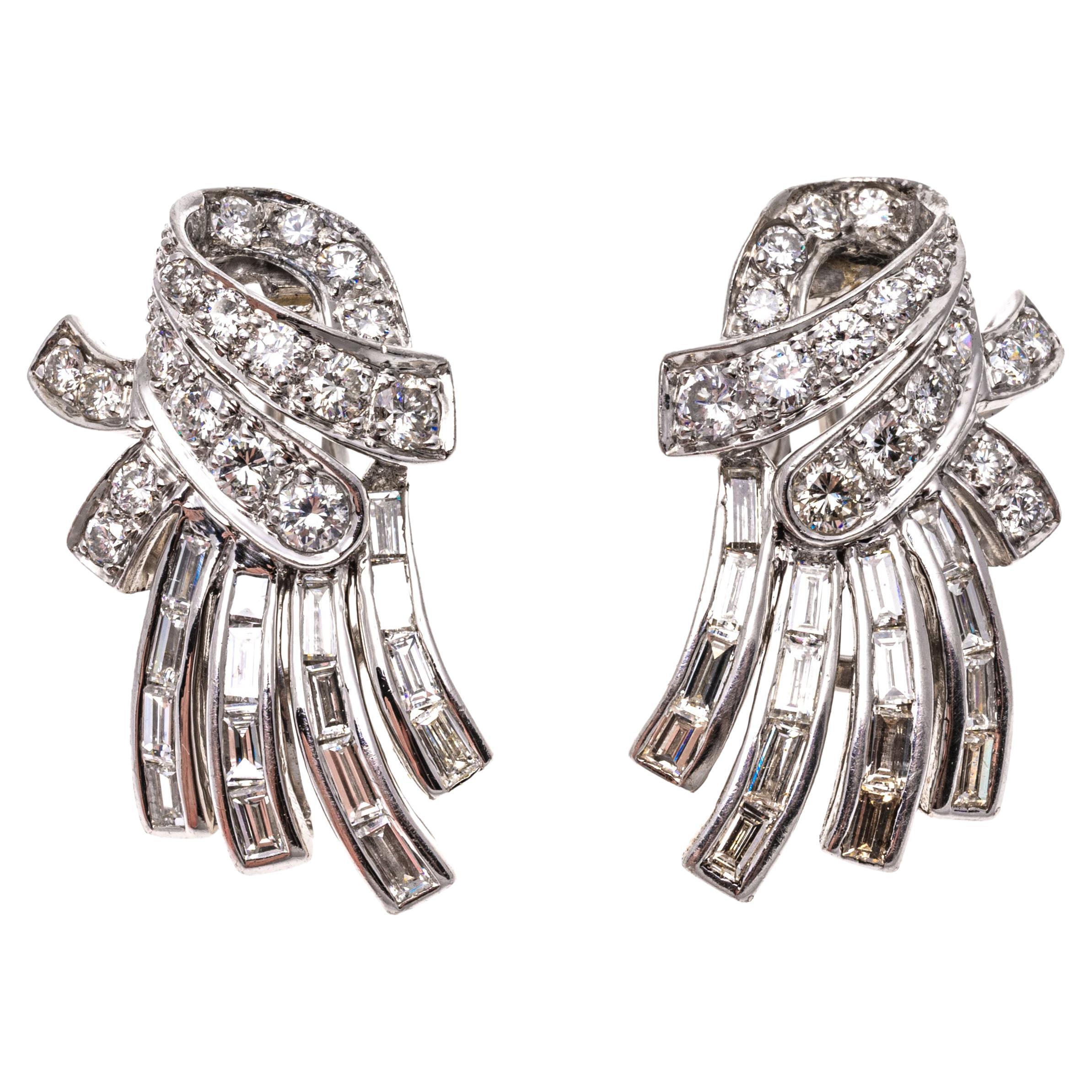 Platinum Vintage Diamond Fringed Knot Cluster Earrings, App. 1.88 TCW For Sale