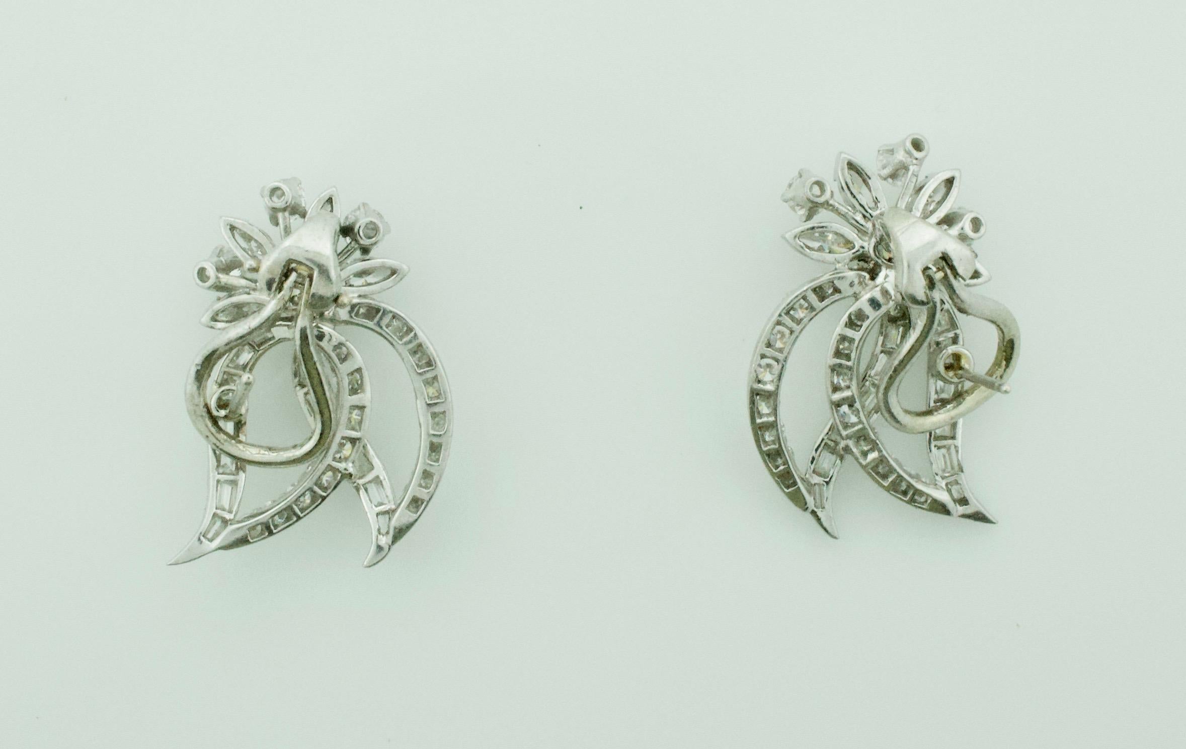 Marquise Cut Platinum and Diamond Handmade Earrings, circa 1940s, 4.35 Carat For Sale