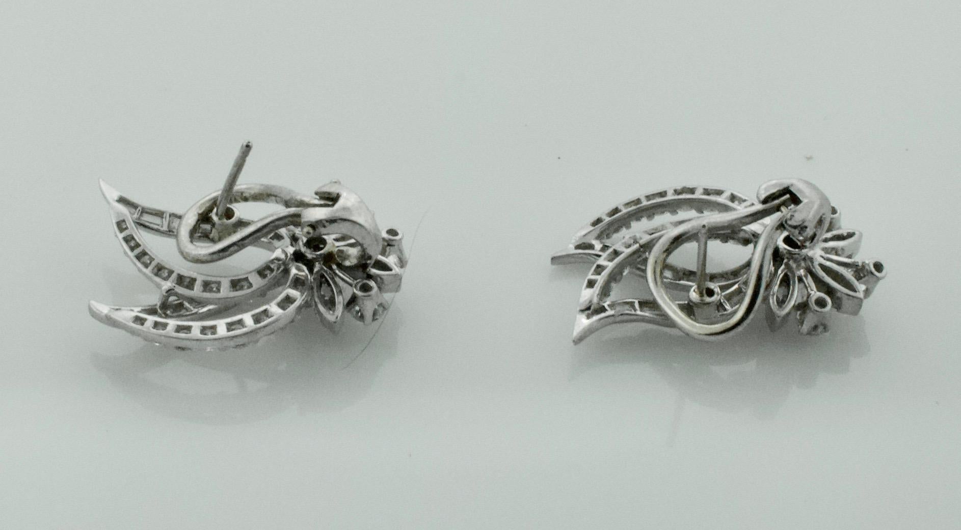 Women's or Men's Platinum and Diamond Handmade Earrings, circa 1940s, 4.35 Carat For Sale