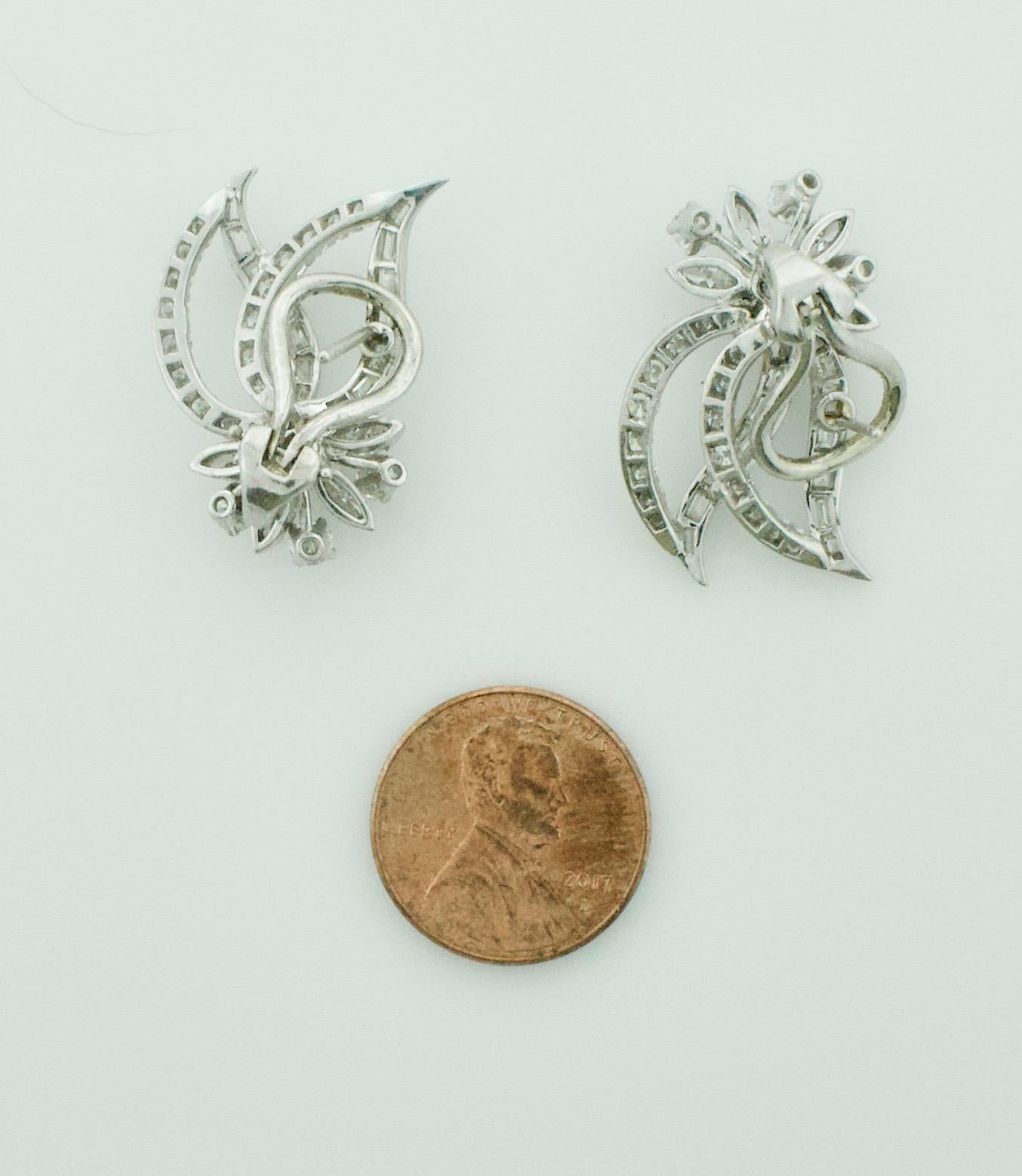 Platinum and Diamond Handmade Earrings, circa 1940s, 4.35 Carat For Sale 3