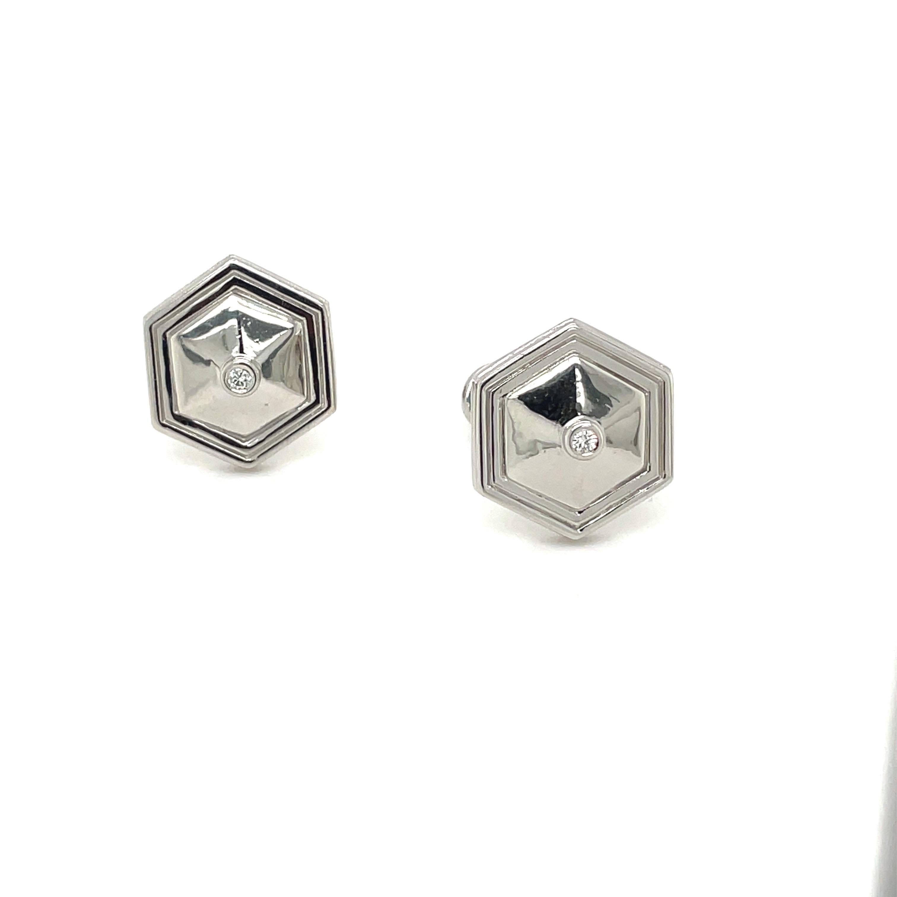 Round Cut Platinum and Diamond Hexagon Cufflinks For Sale