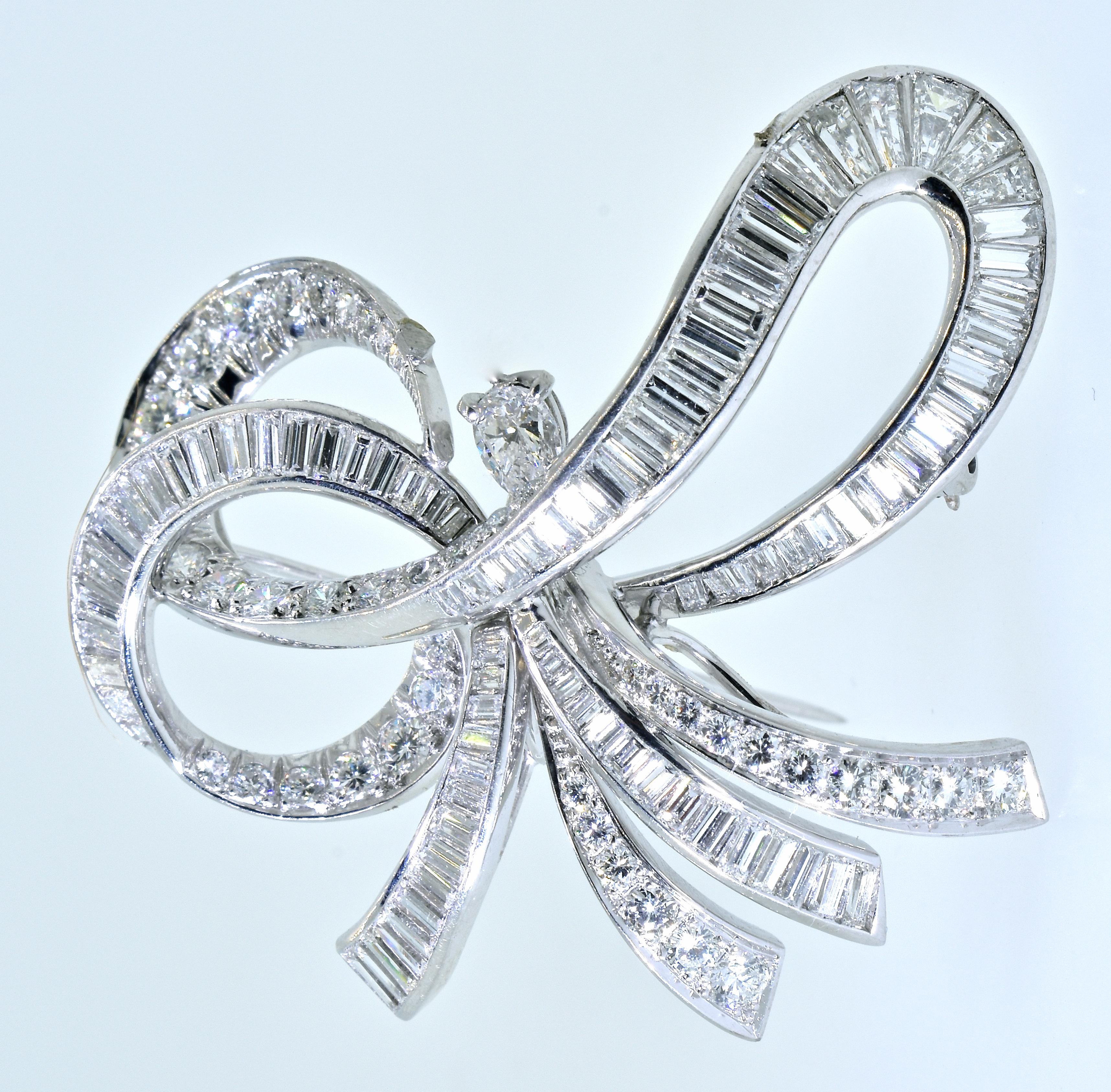 Platinum and Diamond Large and Expressive Bow Motif Brooch/Pendant, circa 1950 In Excellent Condition In Aspen, CO