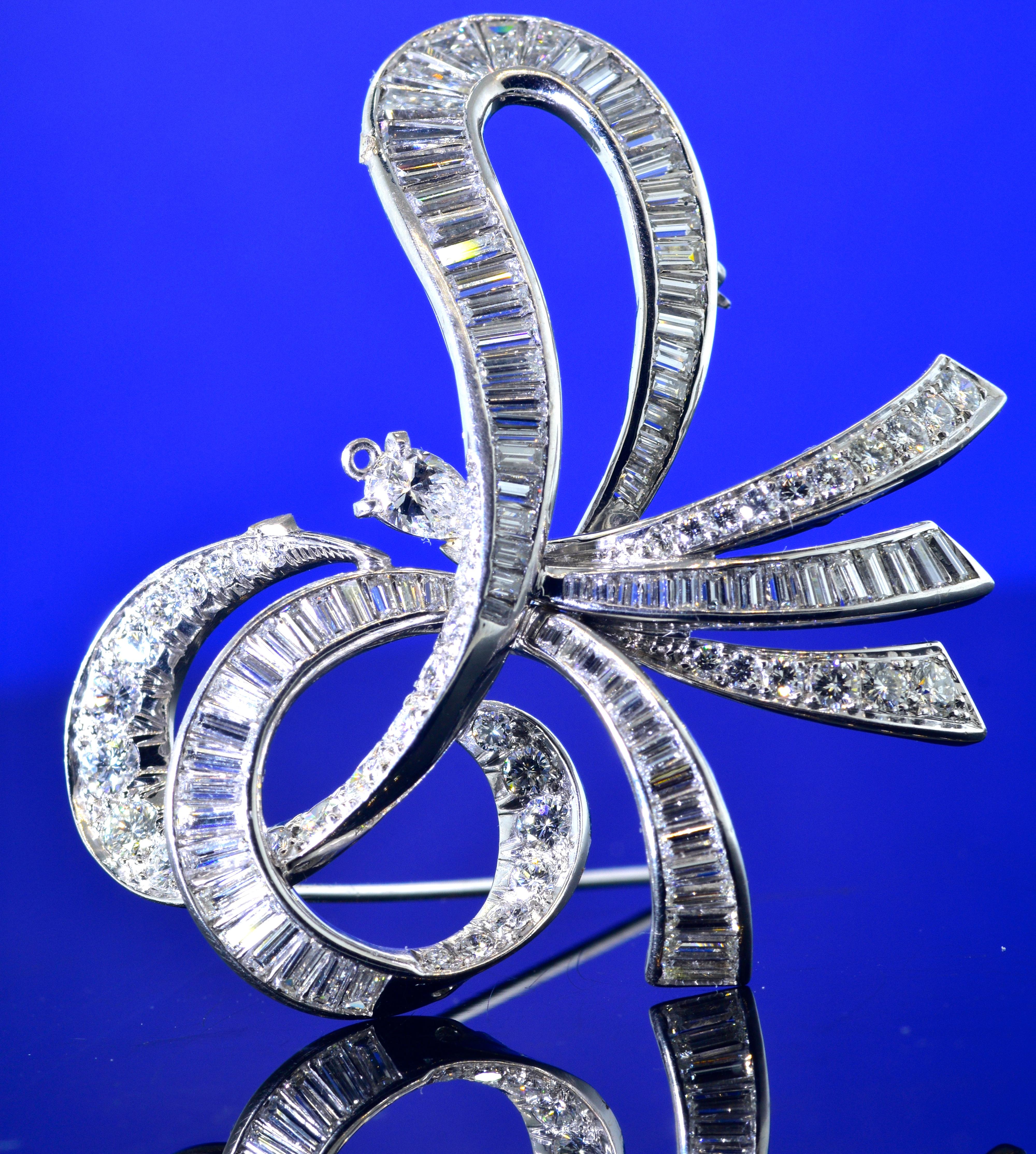 Women's or Men's Platinum and Diamond Large and Expressive Bow Motif Brooch/Pendant, circa 1950