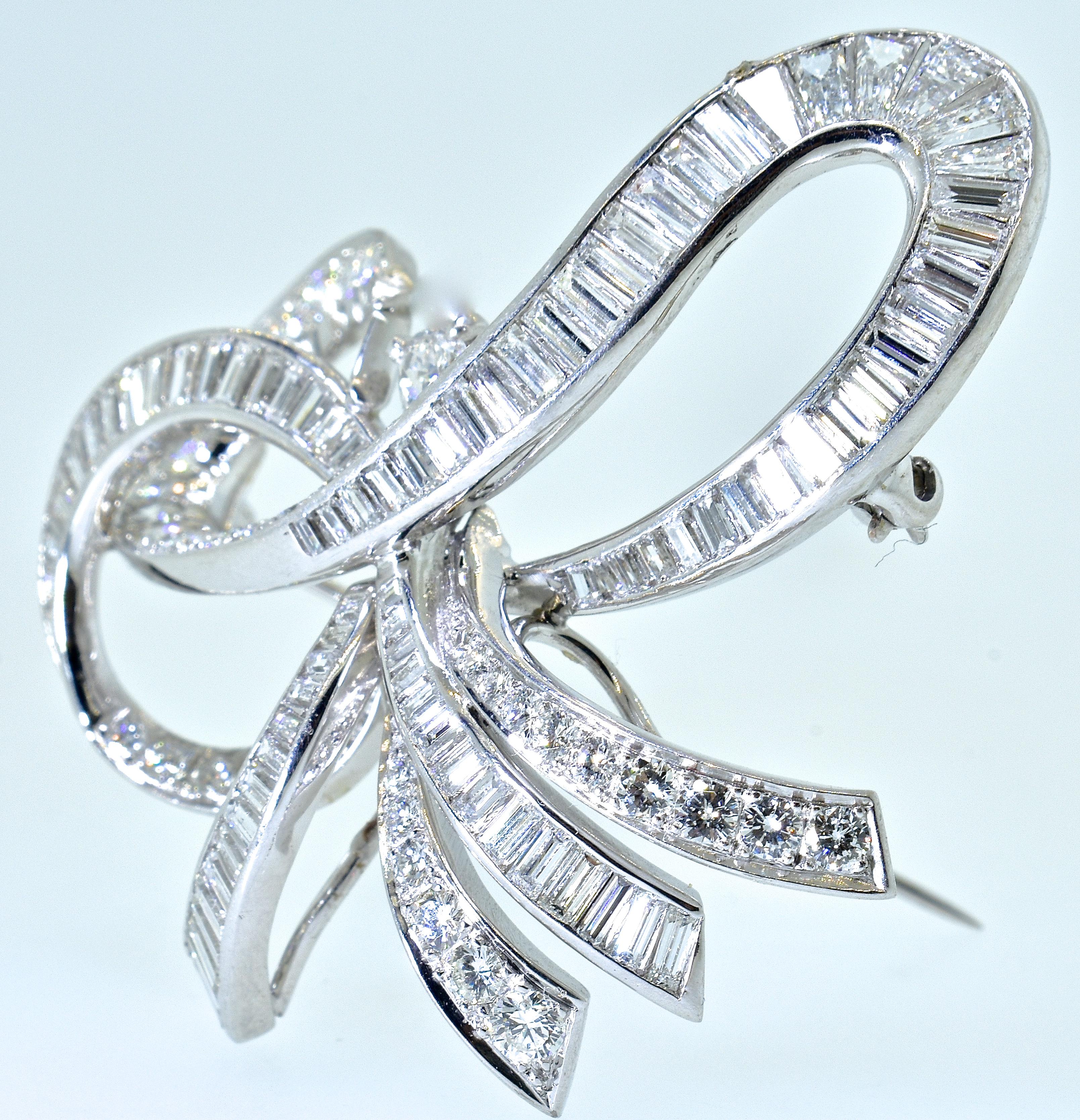 Platinum and Diamond Large and Expressive Bow Motif Brooch/Pendant, circa 1950 1