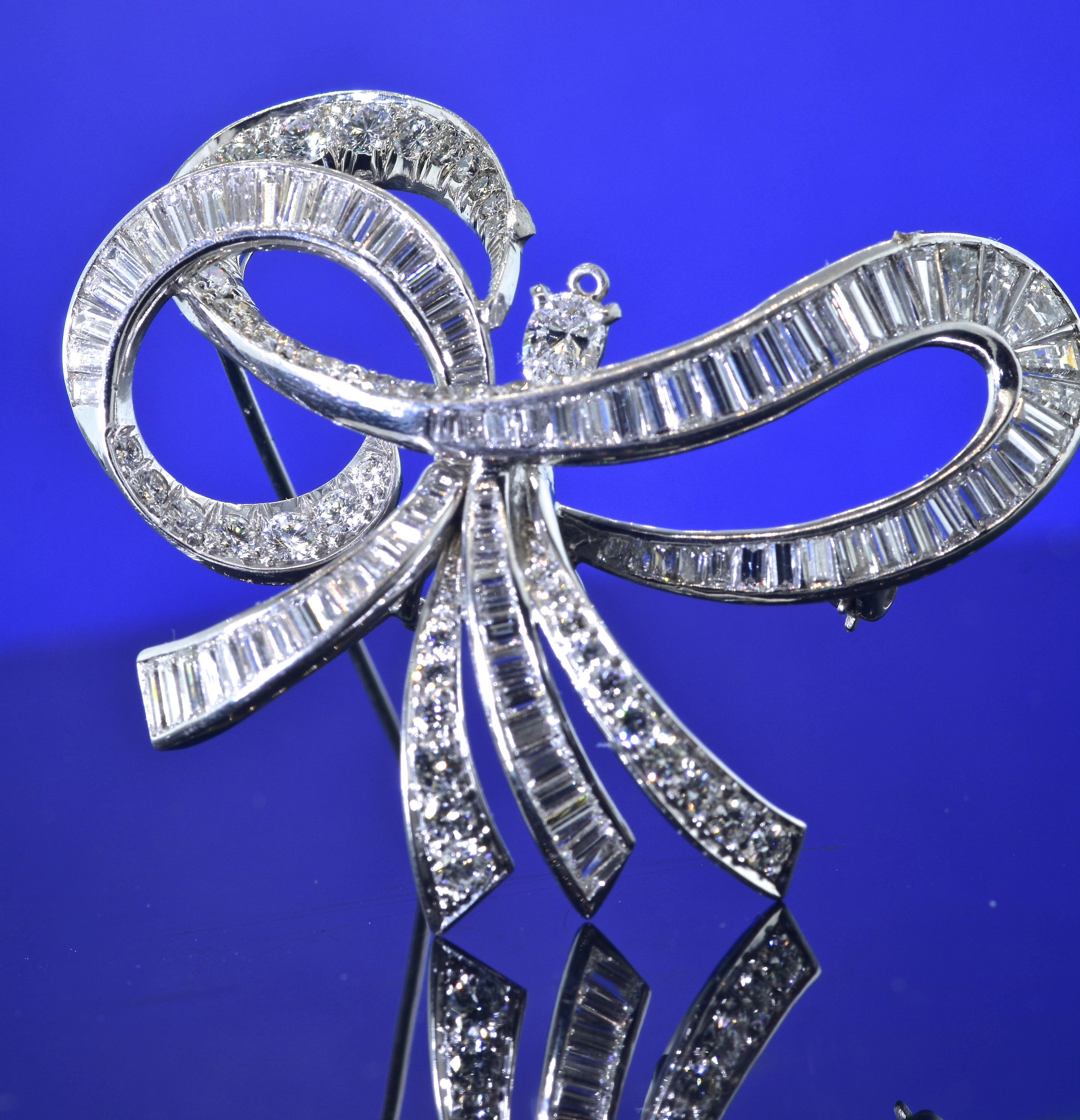 Platinum and Diamond Large and Expressive Bow Motif Brooch/Pendant, circa 1950 2
