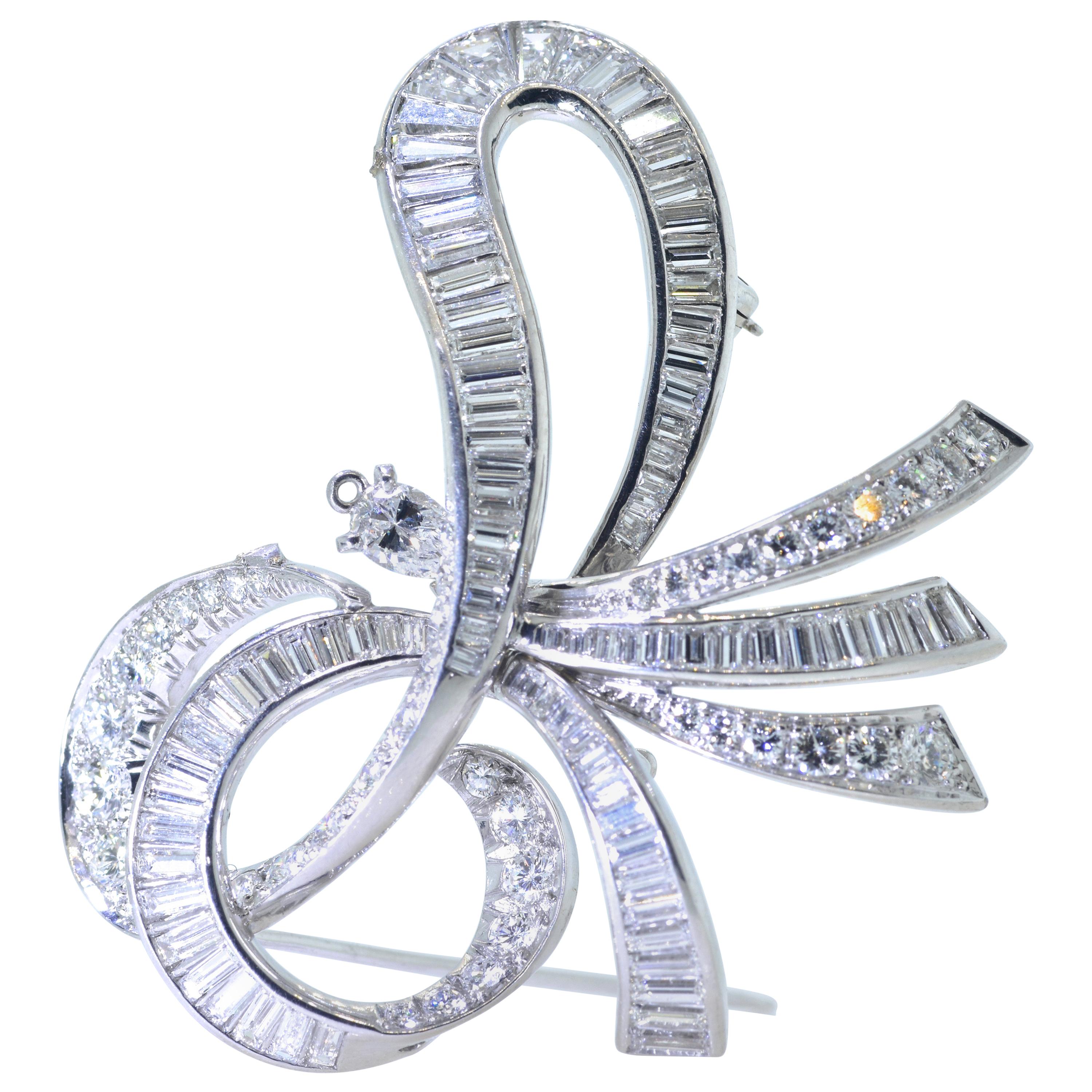 Platinum and Diamond Large and Expressive Bow Motif Brooch/Pendant, circa 1950