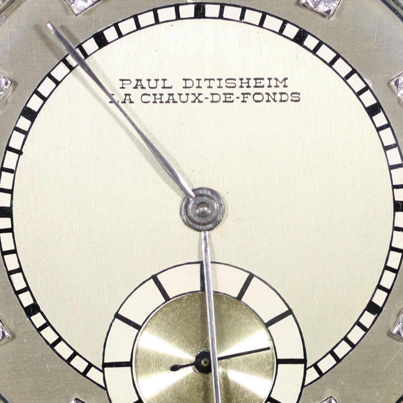 Platin- und Diamant-Taschenuhr mit offenem Zifferblatt, Paul Ditisheim, La Chaux-de-Fonds (Rundschliff) im Angebot