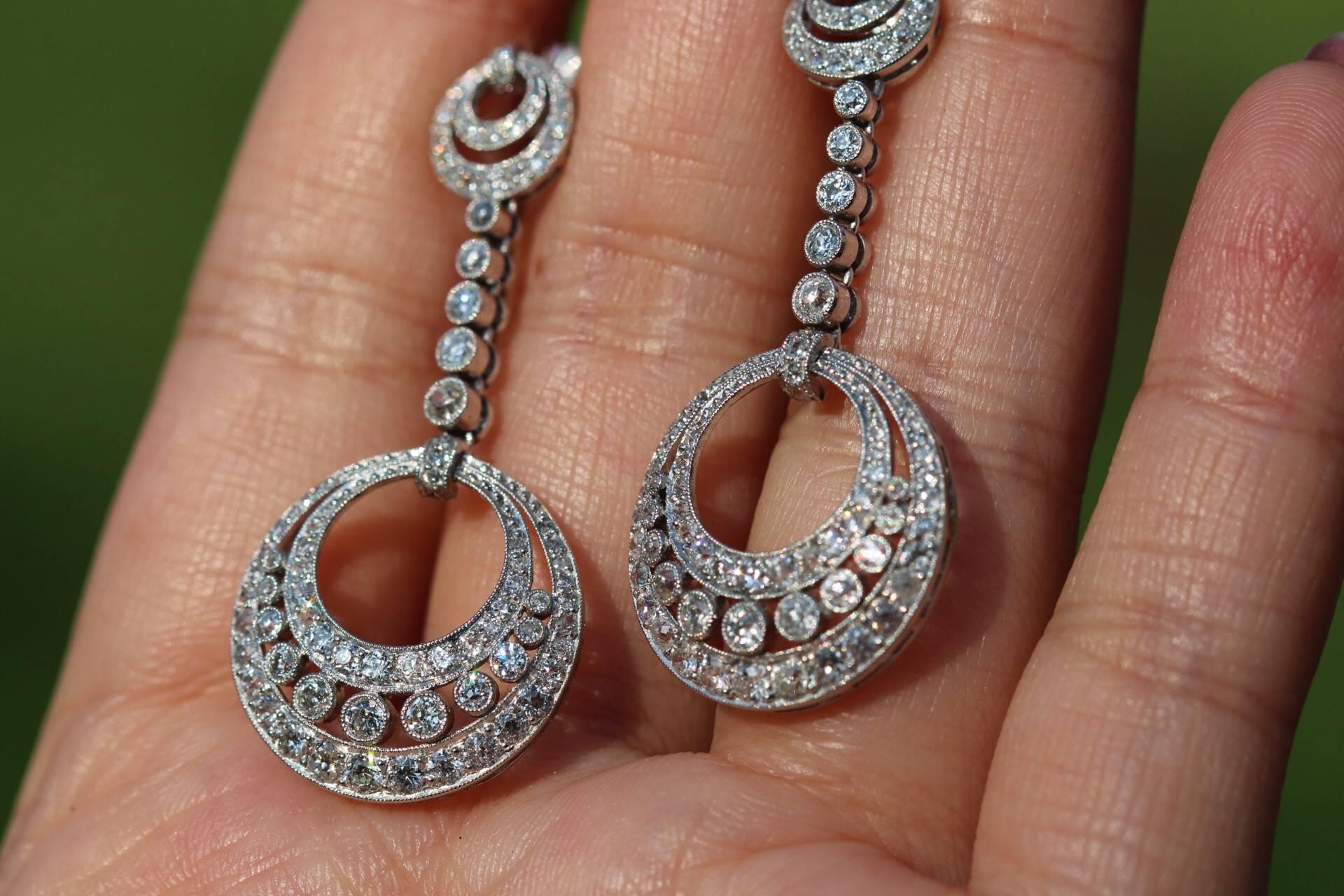 Round Cut Platinum and Diamond Pendant Dangle Earrings