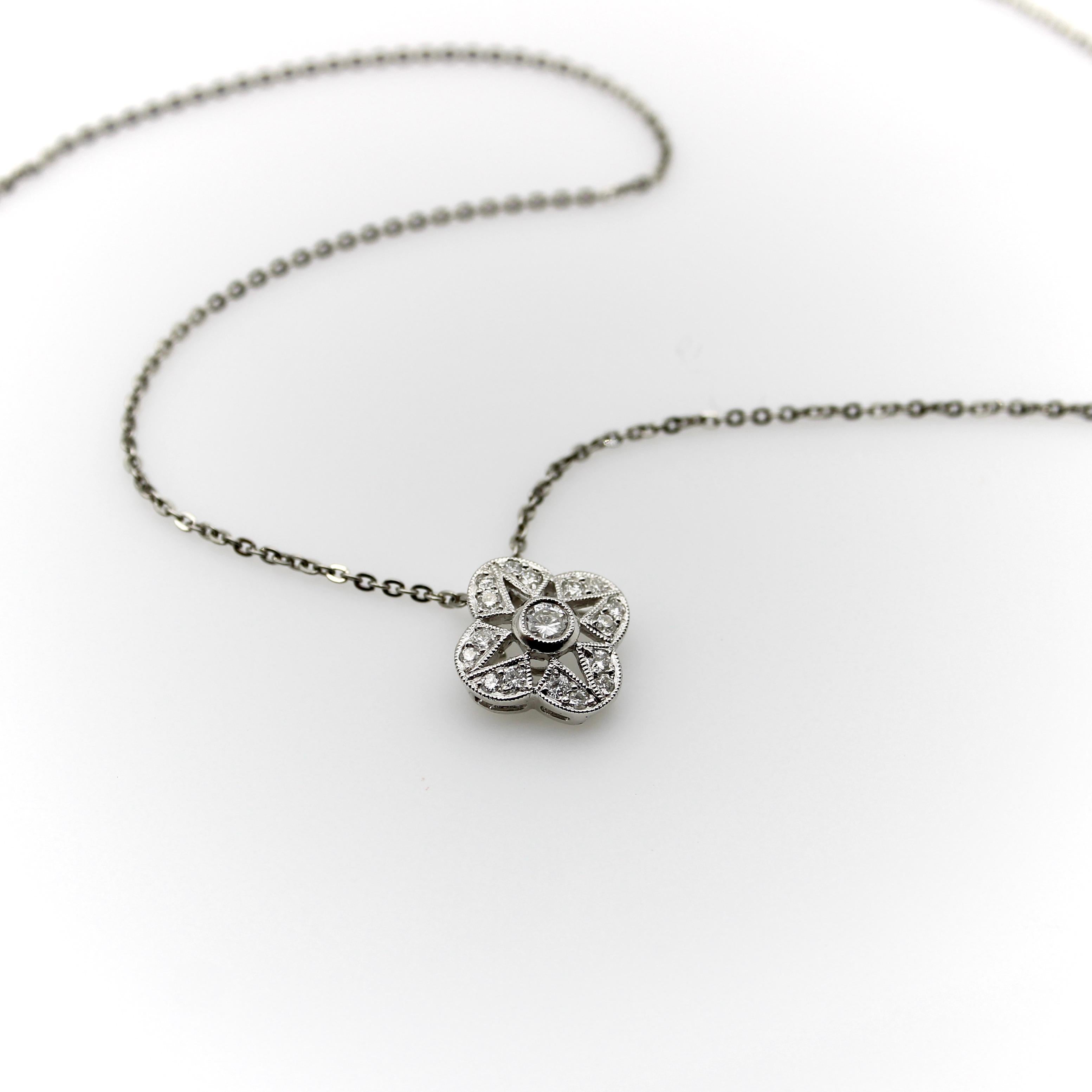 Contemporary Platinum and Diamond Quatrefoil Vintage Pendant Necklace  For Sale