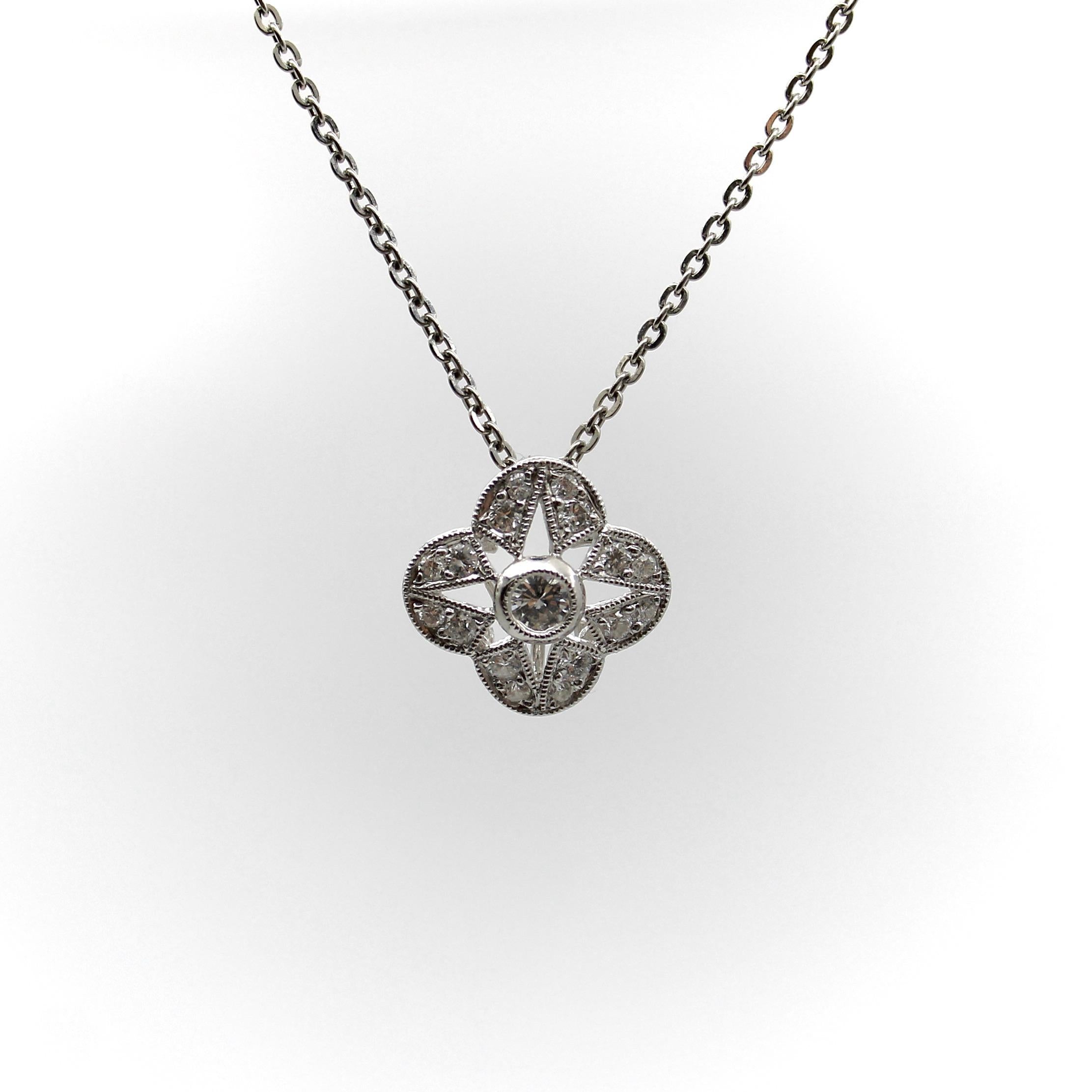 Brilliant Cut Platinum and Diamond Quatrefoil Vintage Pendant Necklace  For Sale