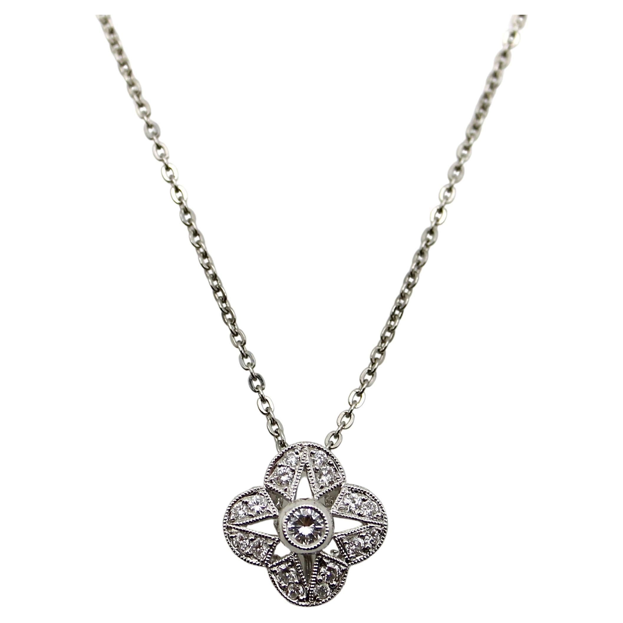 Platinum and Diamond Quatrefoil Vintage Pendant Necklace  For Sale