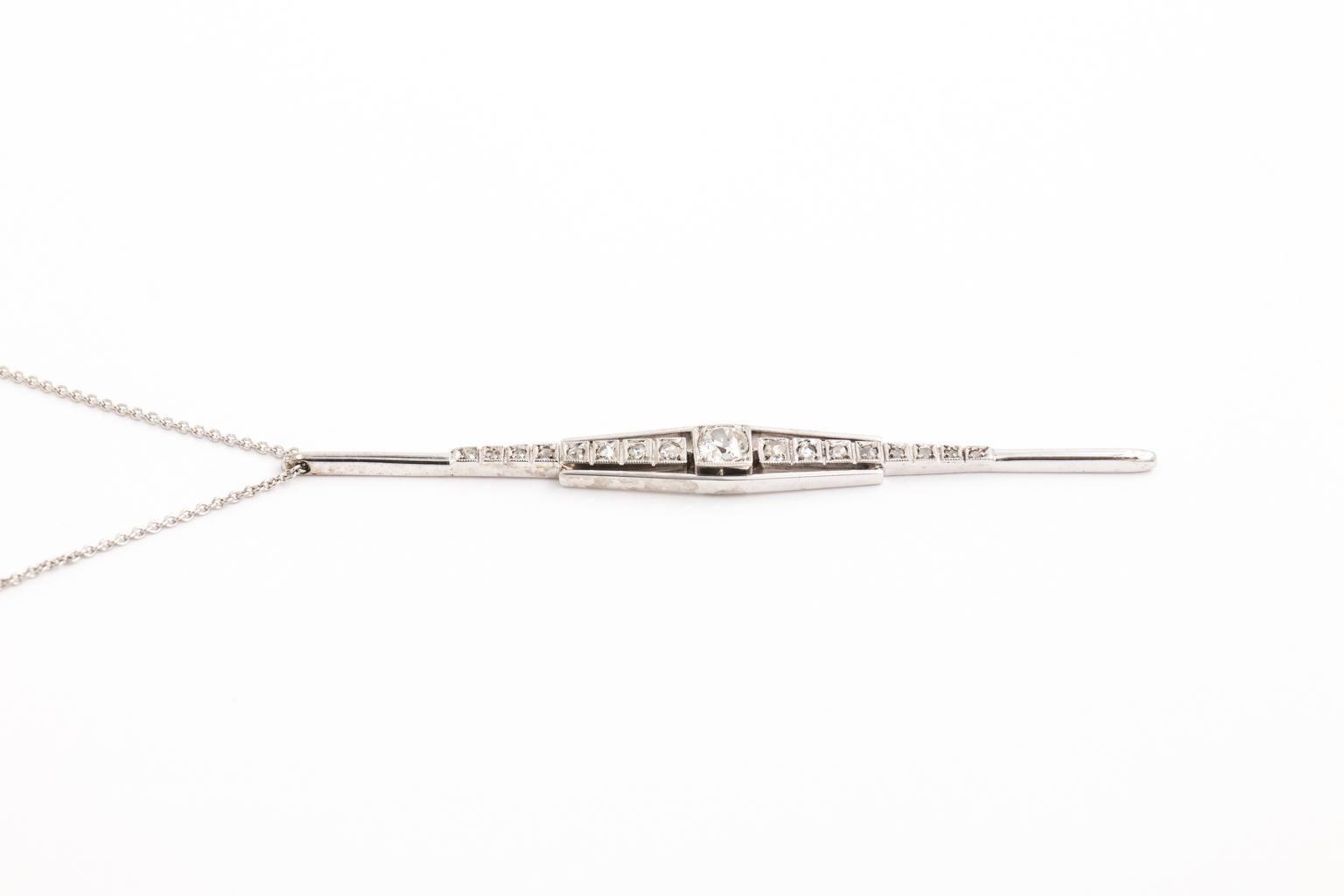 Art Deco Platinum and Diamond Spear Pendant Necklace For Sale