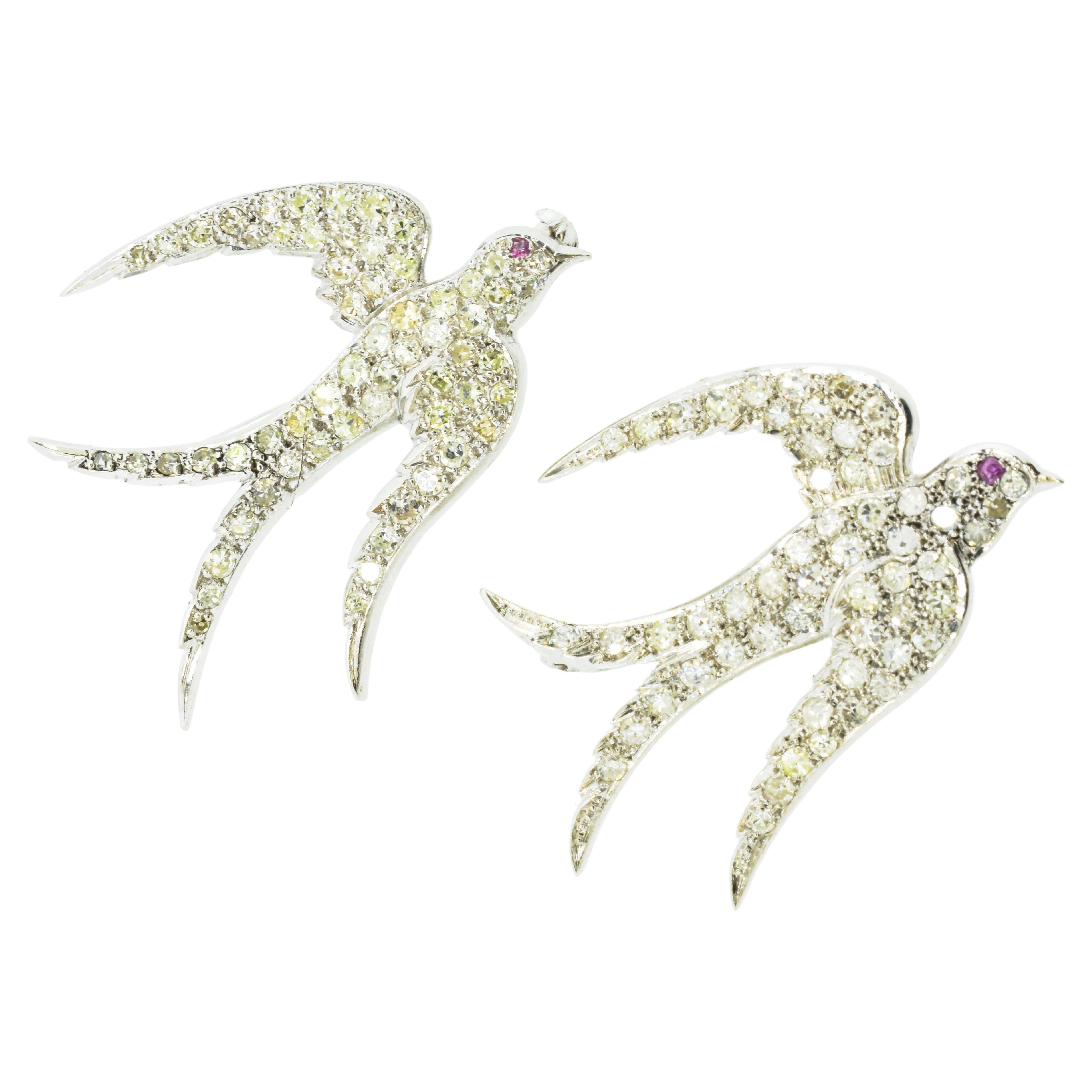 Antike Broschen aus Platin und Diamanten mit Schwalbenmuster, um 1920