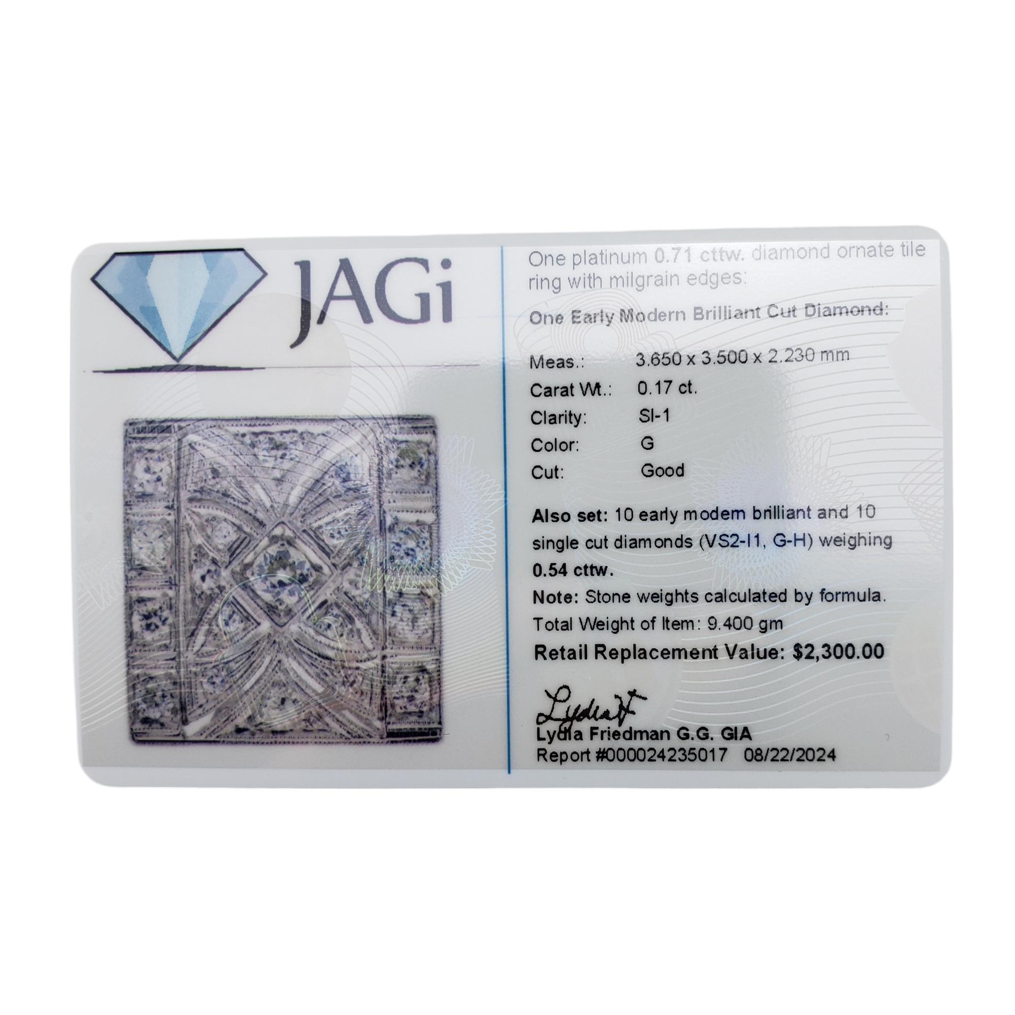 Platinum and Diamond Tile Ring with Milgrain Edges Size 6.5 #18860 For Sale 2